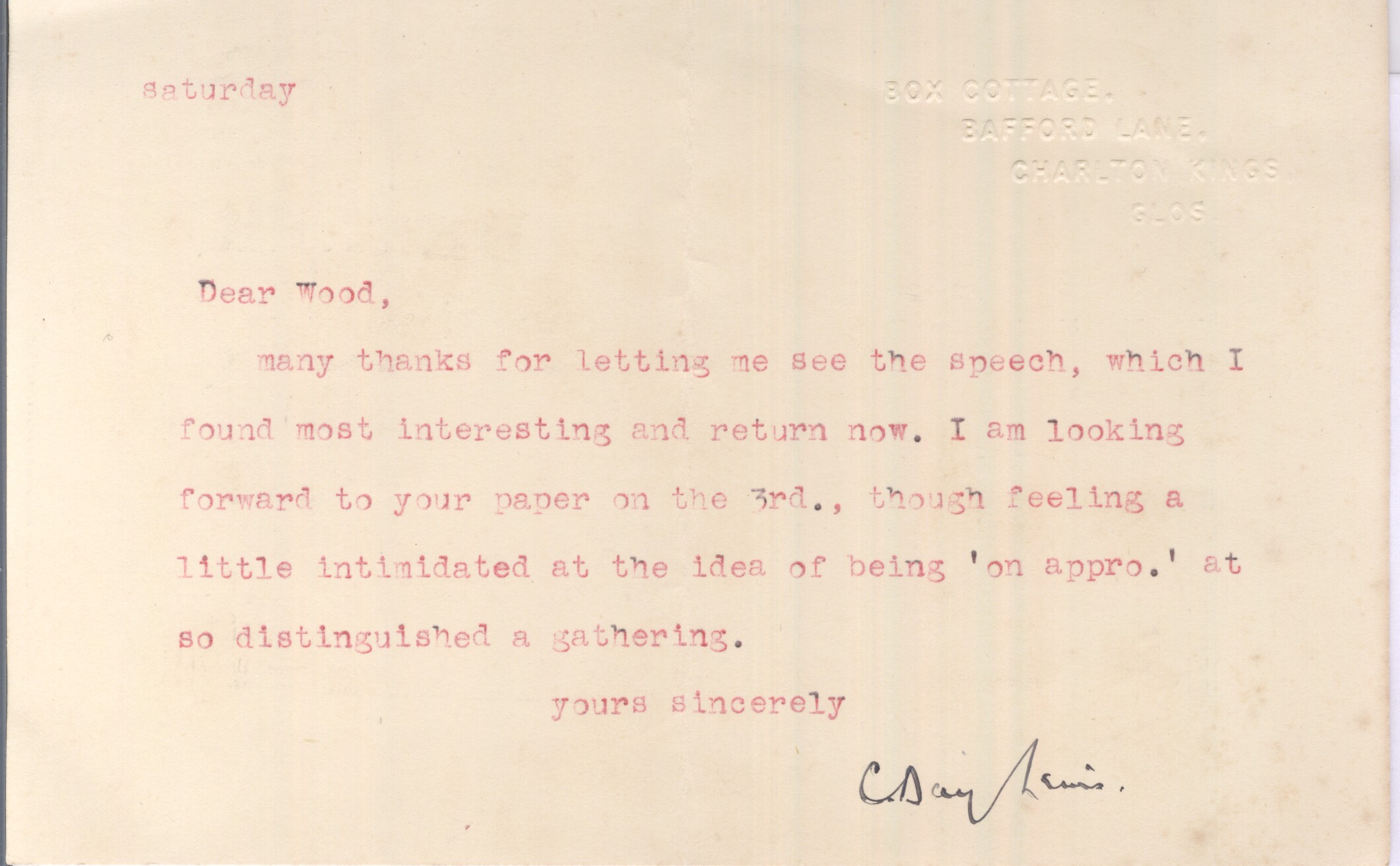 DAY-LEWIS — Typed Letter Signed to Dear Wood | Sophie Dupré Autographs