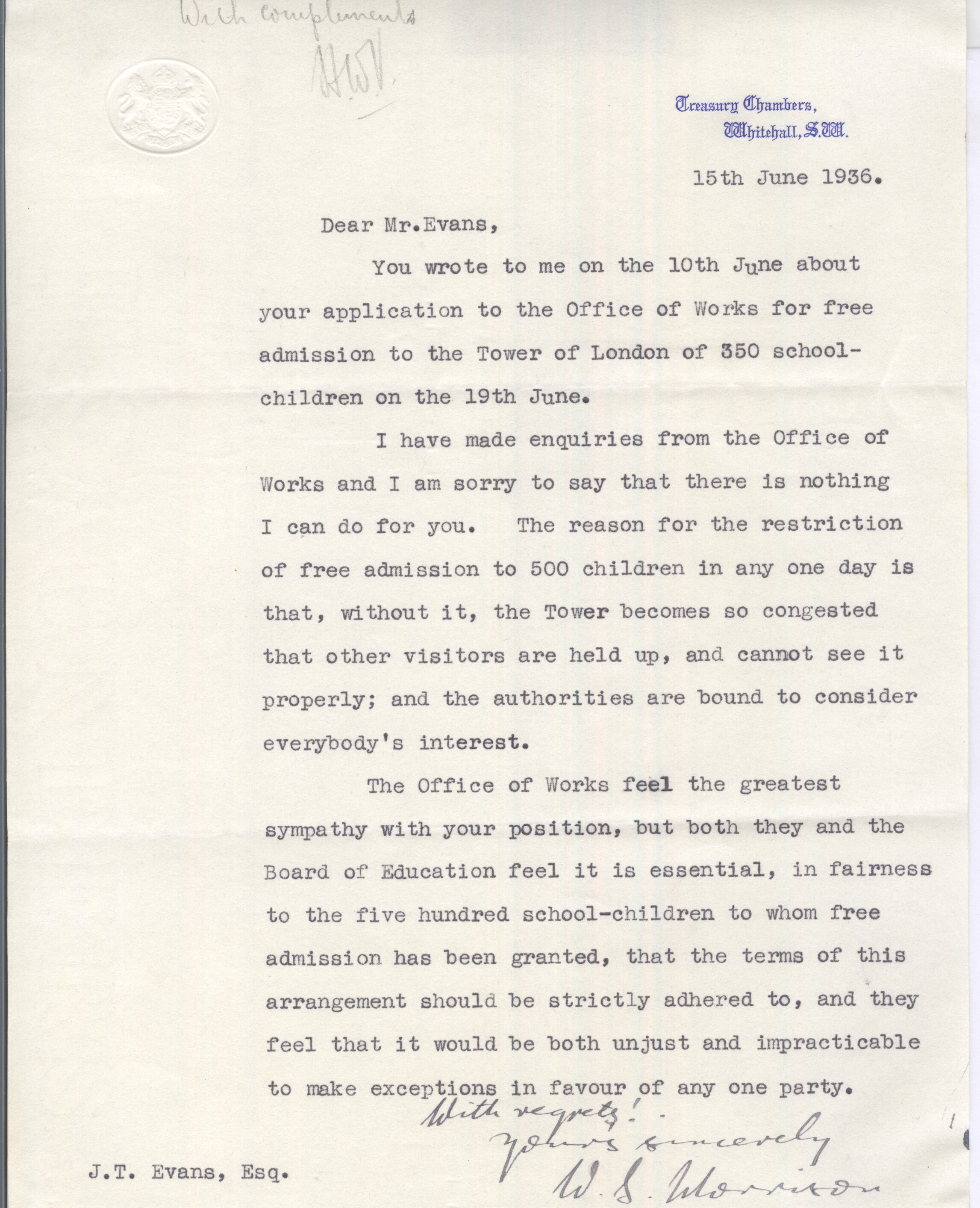 MORRISON — Fine Typed Letter Signed with autograph salutation to J. T. Evans | Sophie Dupré Autographs