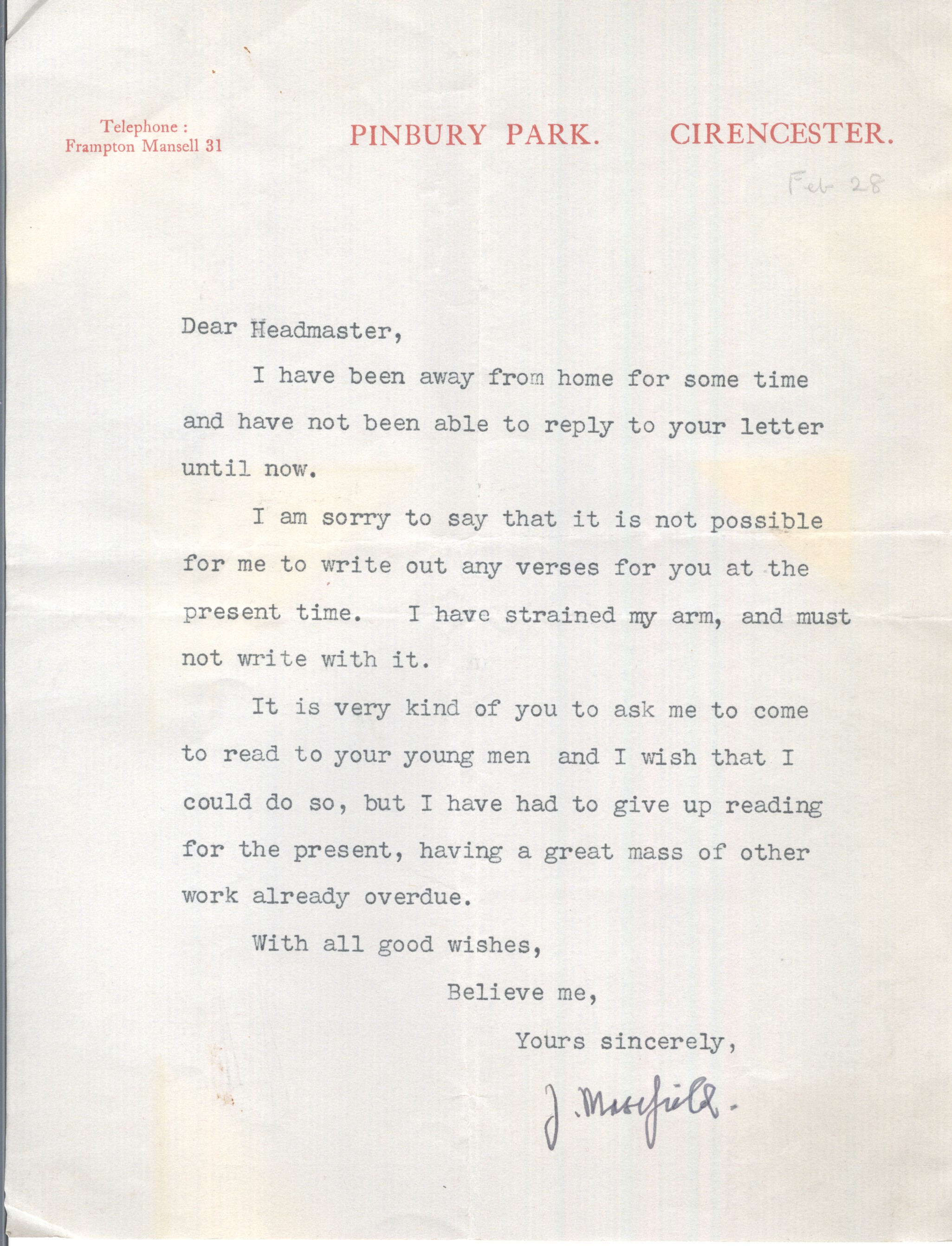 MASEFIELD — Fine Typed Letter Signed to Dear Headmaster | Sophie Dupré Autographs