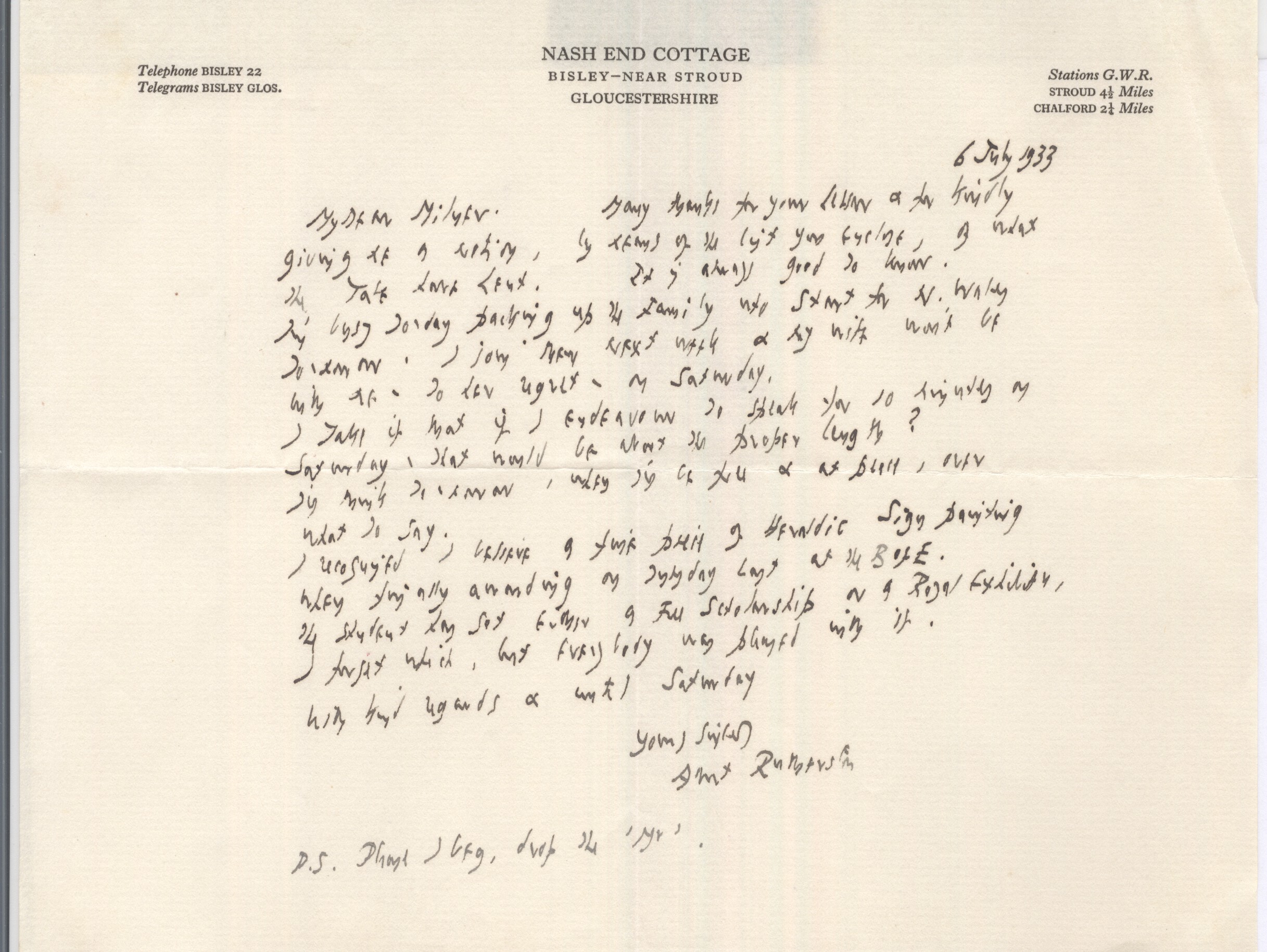 RUTHERSTON — Autograph Letter Signed to Milner | Sophie Dupré Autographs