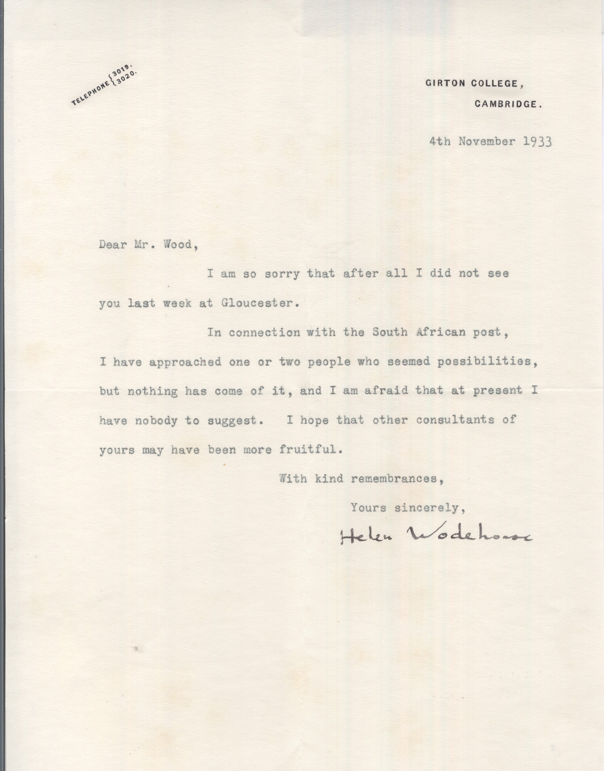 WODEHOUSE — Typed Letter Signed to Mr Wood | Sophie Dupré Autographs