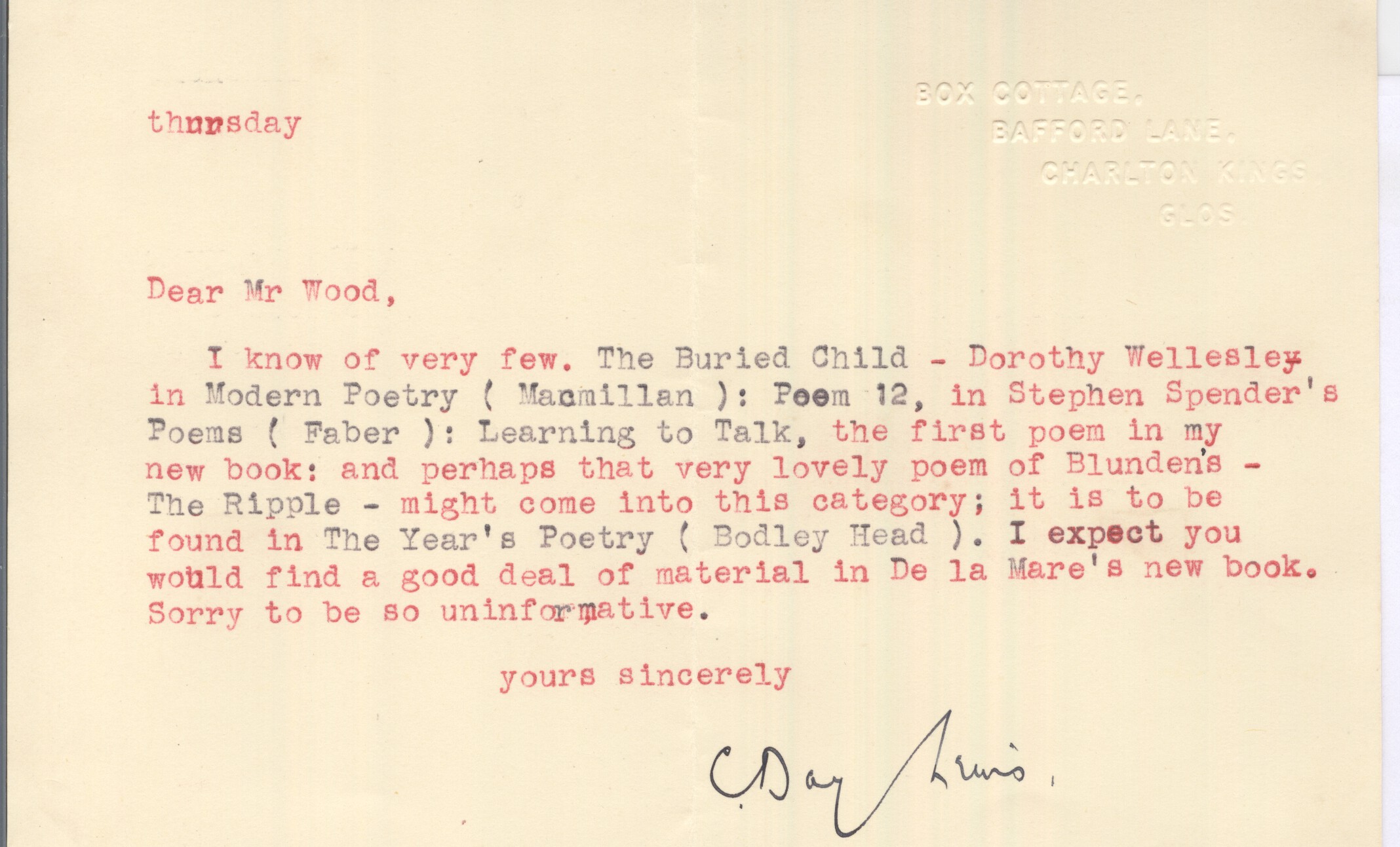 DAY-LEWIS — Typed Letter Signed to Mr Wood | Sophie Dupré Autographs