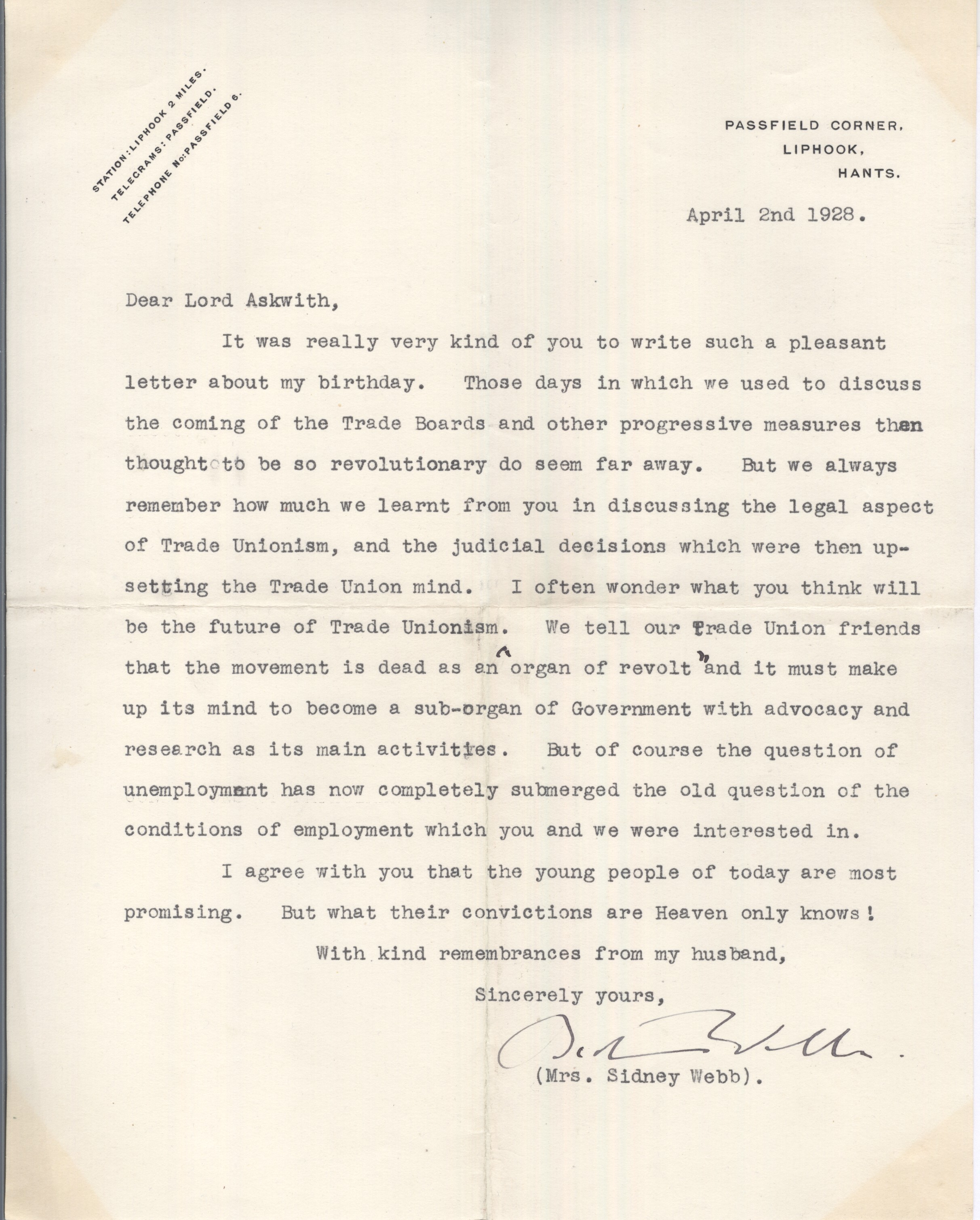 WEBB — Typed letter signed 'Mrs Sidney Webb' to Lord ASKWITH | Sophie Dupré Autographs