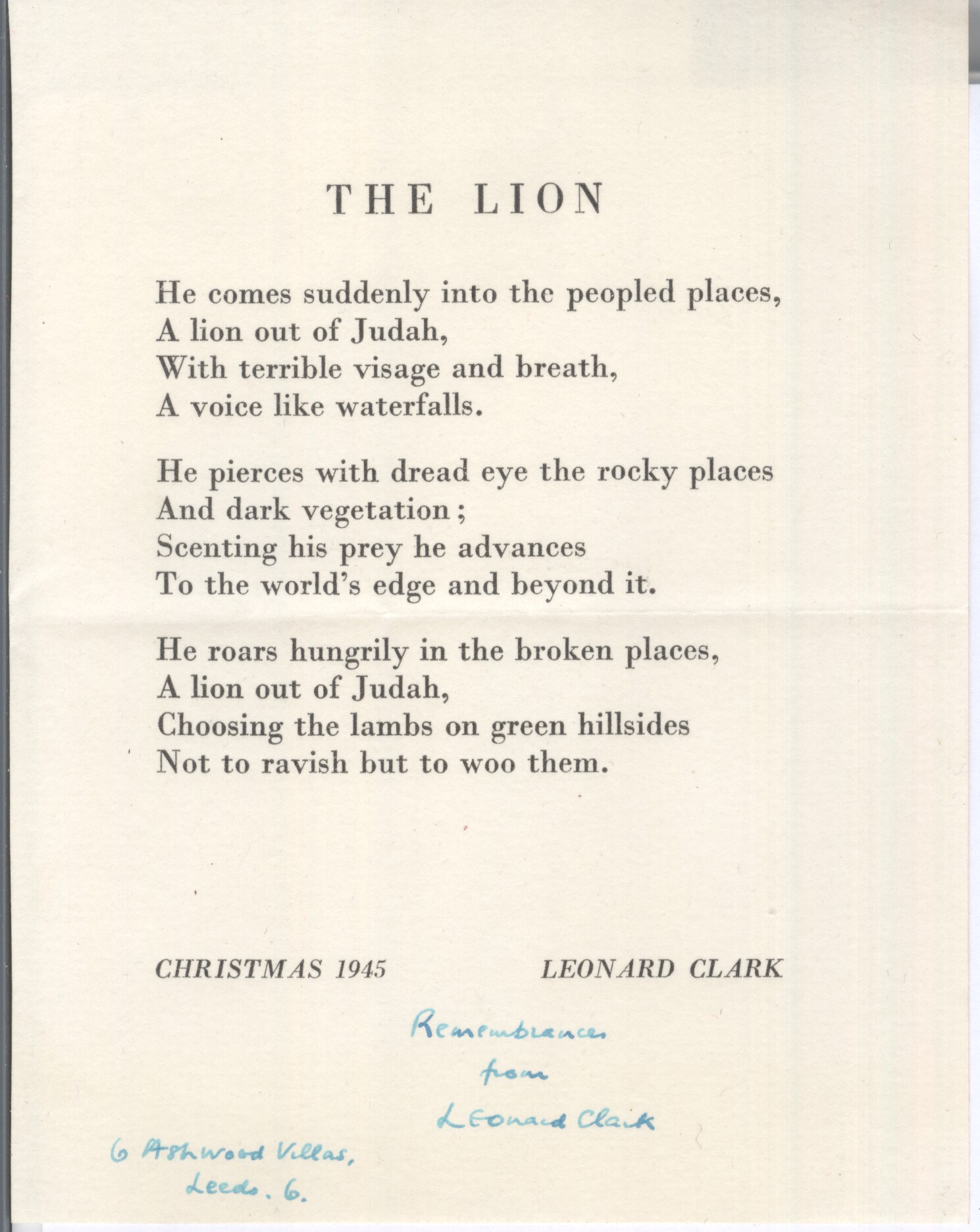 CLARK — Printed copy of his poem 'The Lion', signed with autograph subscription Remembrances from and address, | Sophie Dupré Autographs