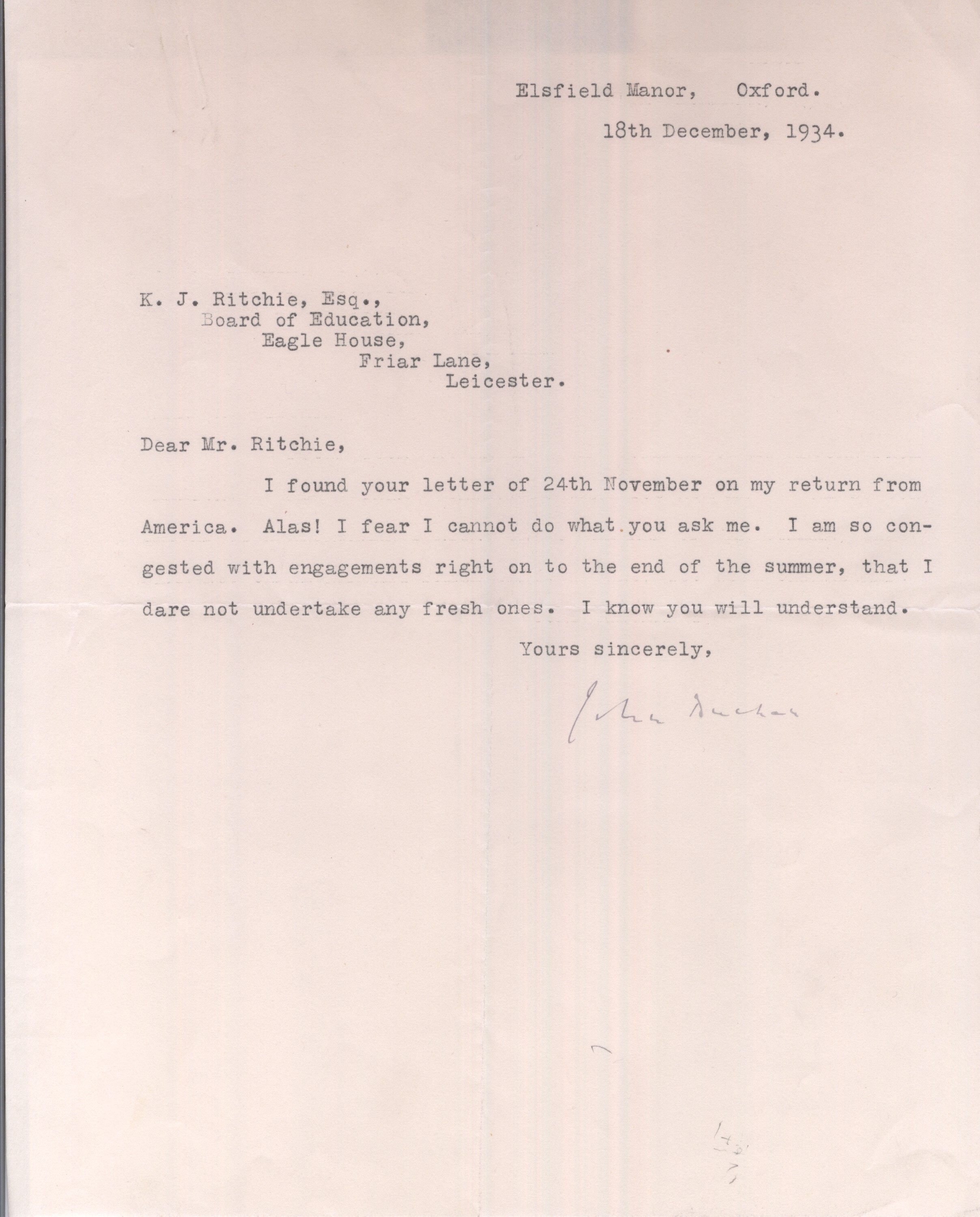 BUCHAN — Typed Letter Signed to Mr Ritchie | Sophie Dupré Autographs