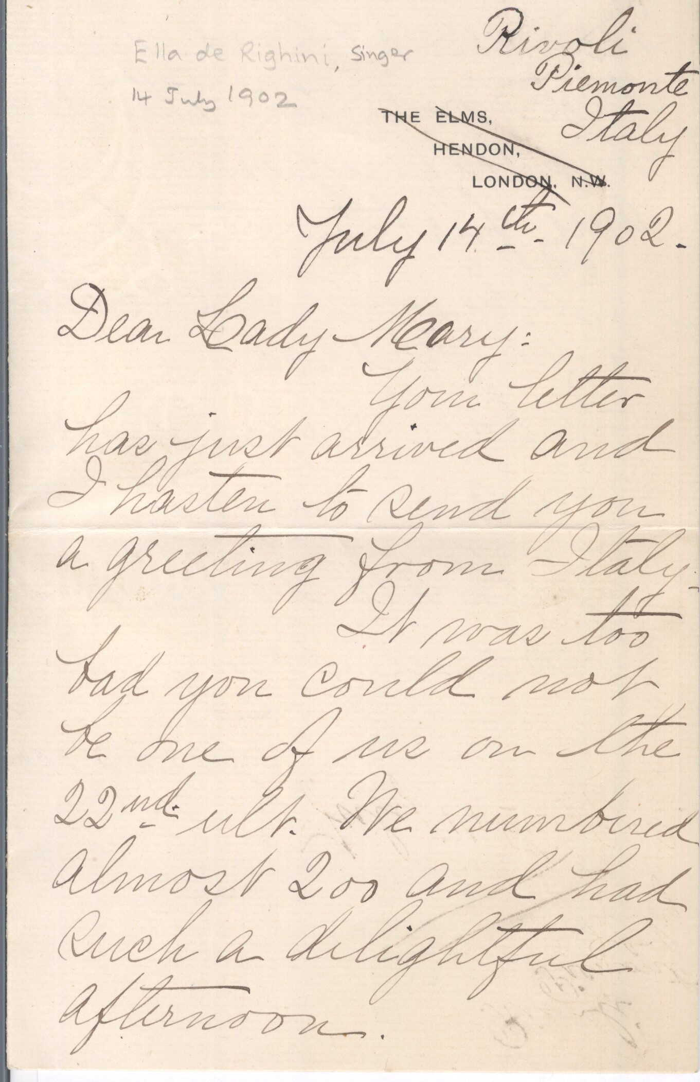 RIGHINI — Autograph Letter Signed to Lady Mary | Sophie Dupré Autographs