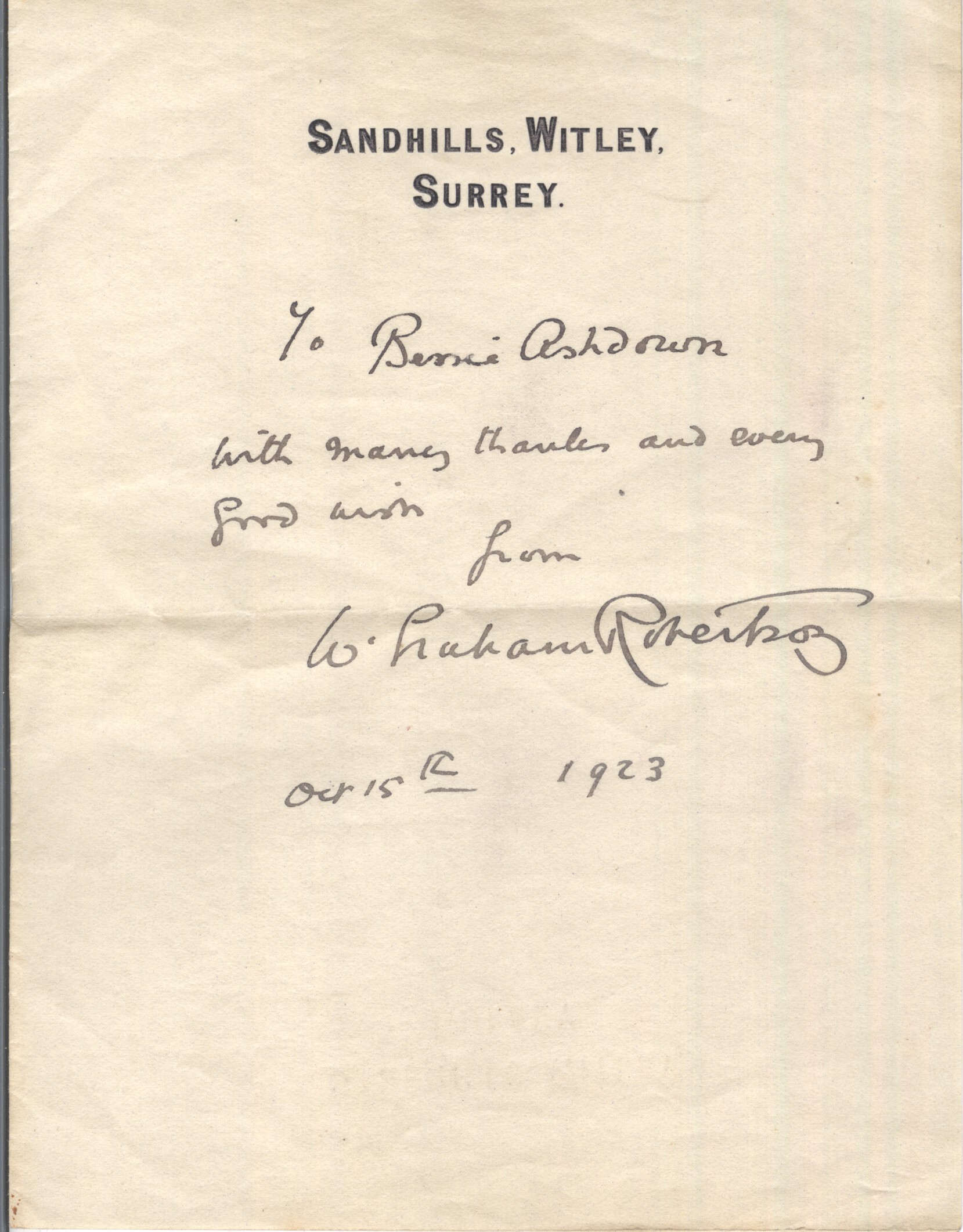ROBERTSON — Autograph Note Signed to Bernie Ashdown | Sophie Dupré Autographs