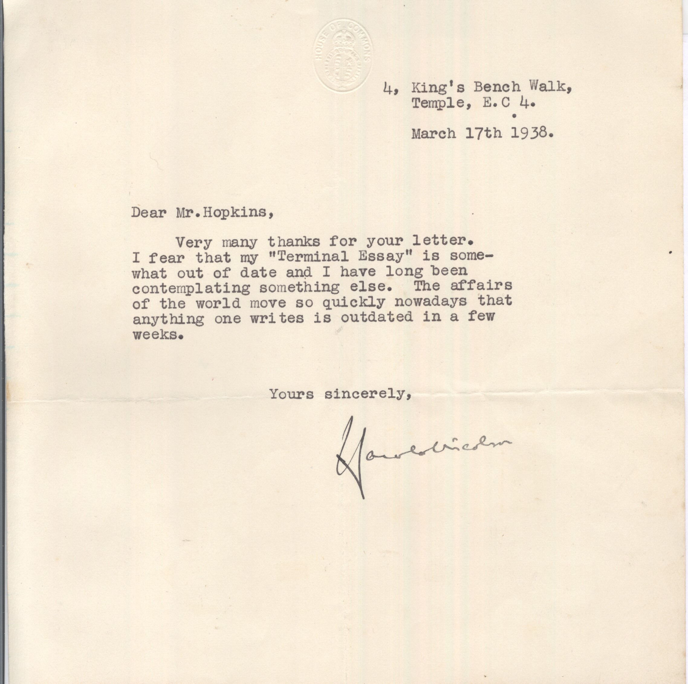 NICOLSON — Typed letter signed to Mr Hopkins | Sophie Dupré Autographs