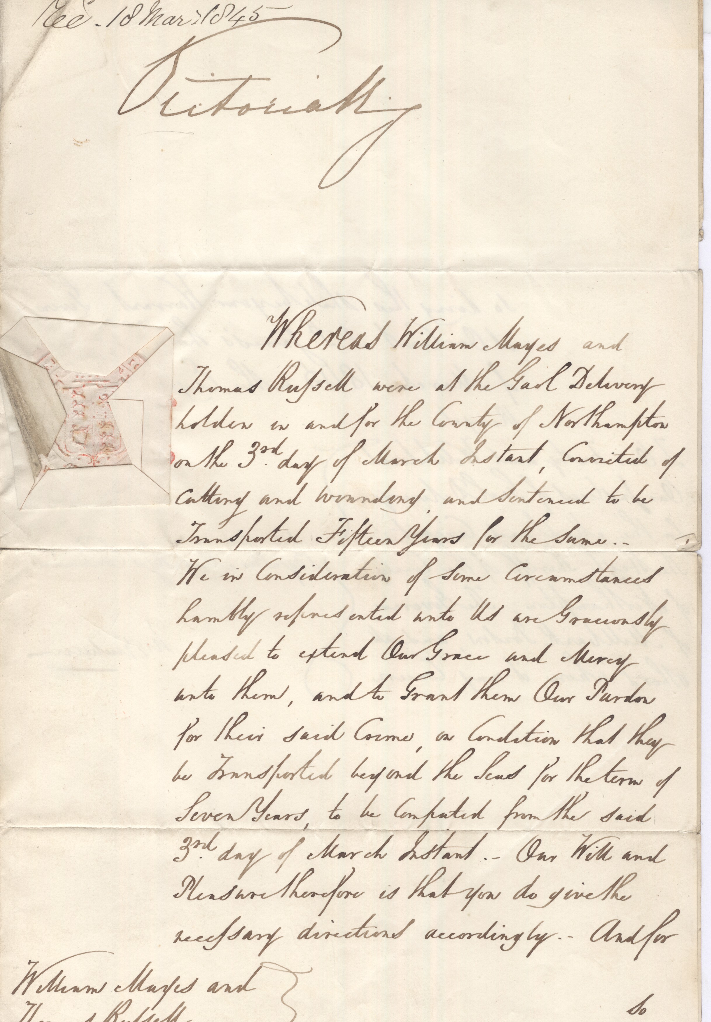 VICTORIA — Fine Early document signed at the head giving a Conditional Pardon to William Mayes and Thomas Russell | Sophie Dupré Autographs