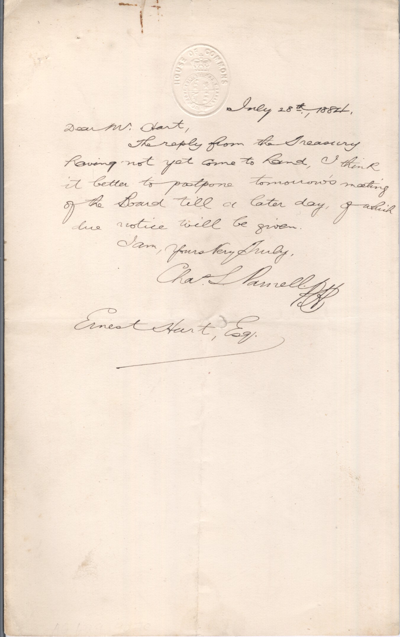 [PARNELL — Secretarial letter signed with a 'PP' signature to Ernest Hart | Sophie Dupré Autographs