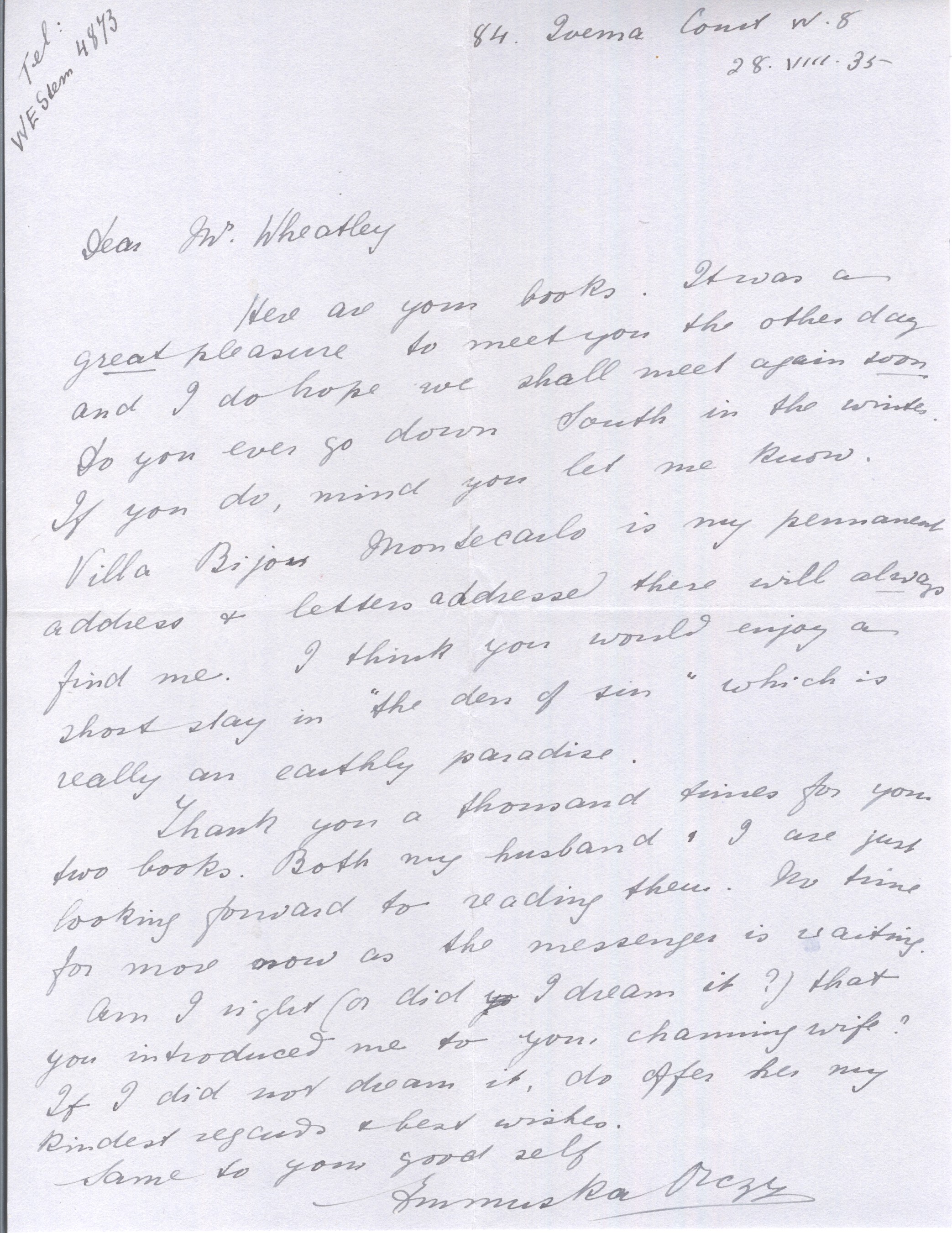 WOLFE — Typed Letter Signed to Dennis WHEATLEY | Sophie Dupré Autographs