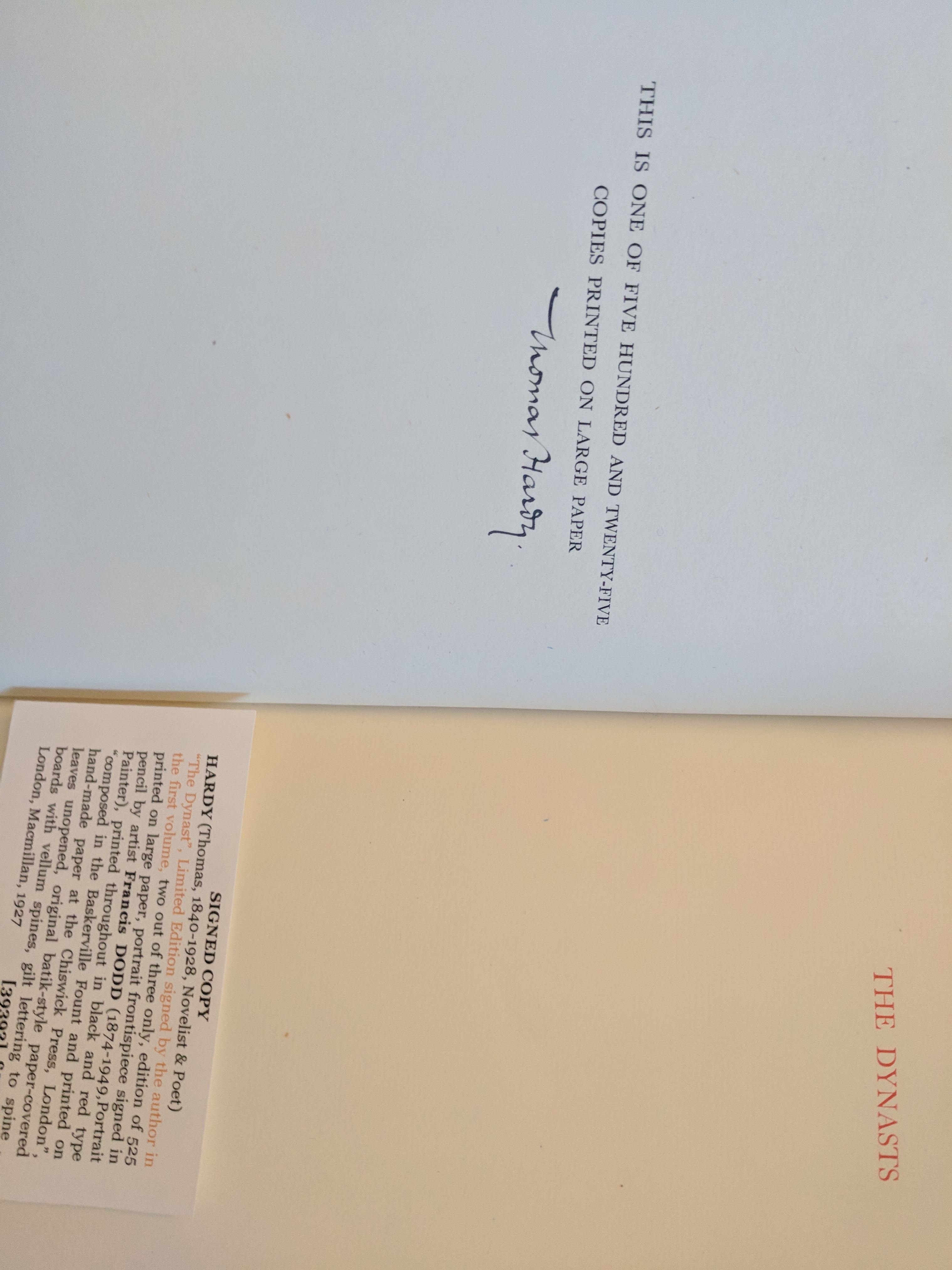 HARDY — The Dynasts, Limited Edition signed by the author in the first volume, | Sophie Dupré Autographs