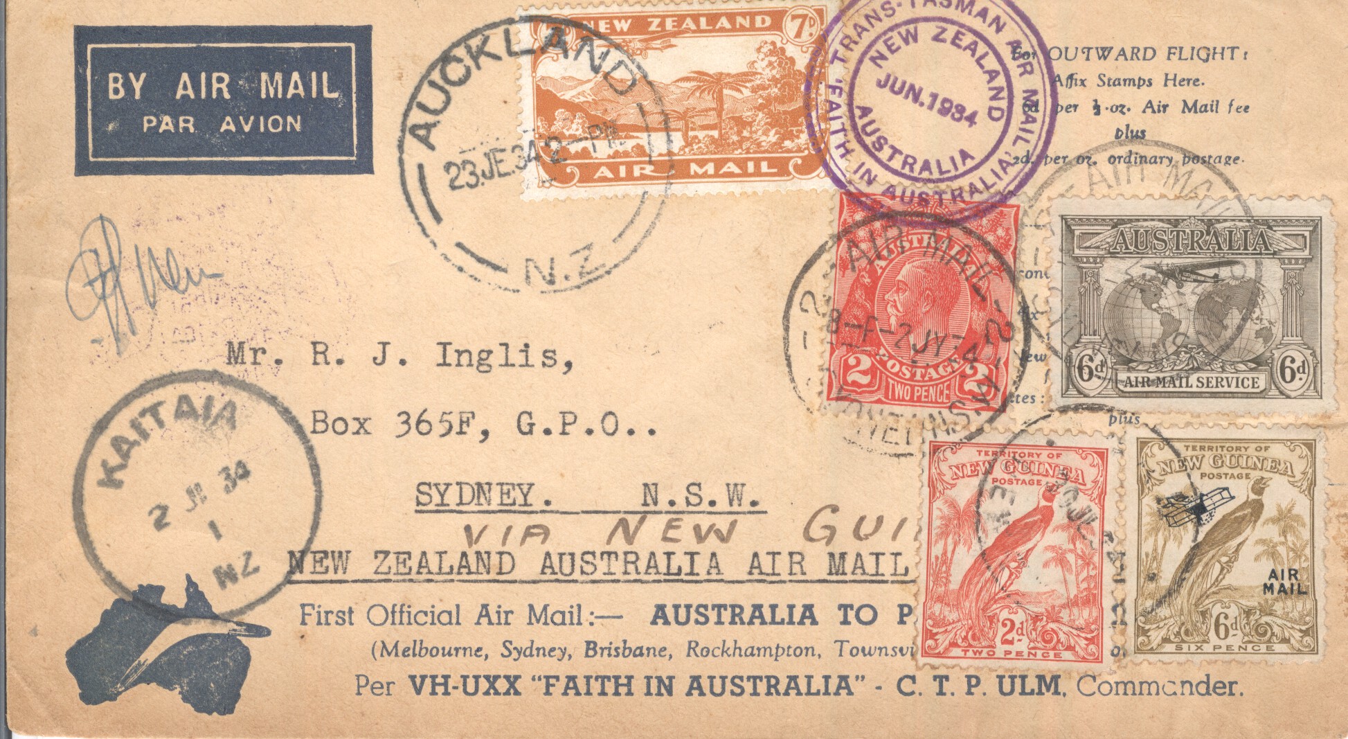 ULM — First Official Air Mail letter envelope signed, addressed to Mr R. J. Inglis in Sydney | Sophie Dupré Autographs