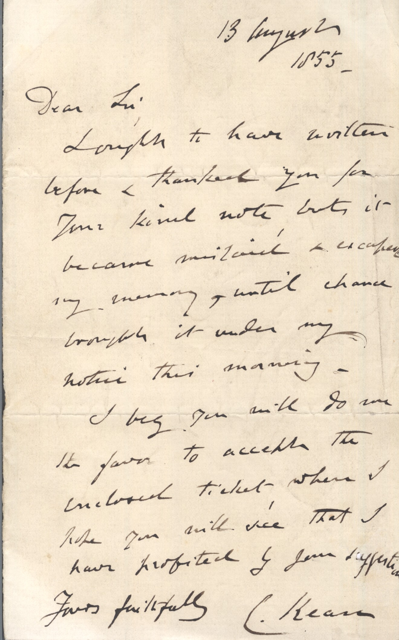 KEAN — Fine Autograph Letter Signed to an unnamed correspondent, | Sophie Dupré Autographs