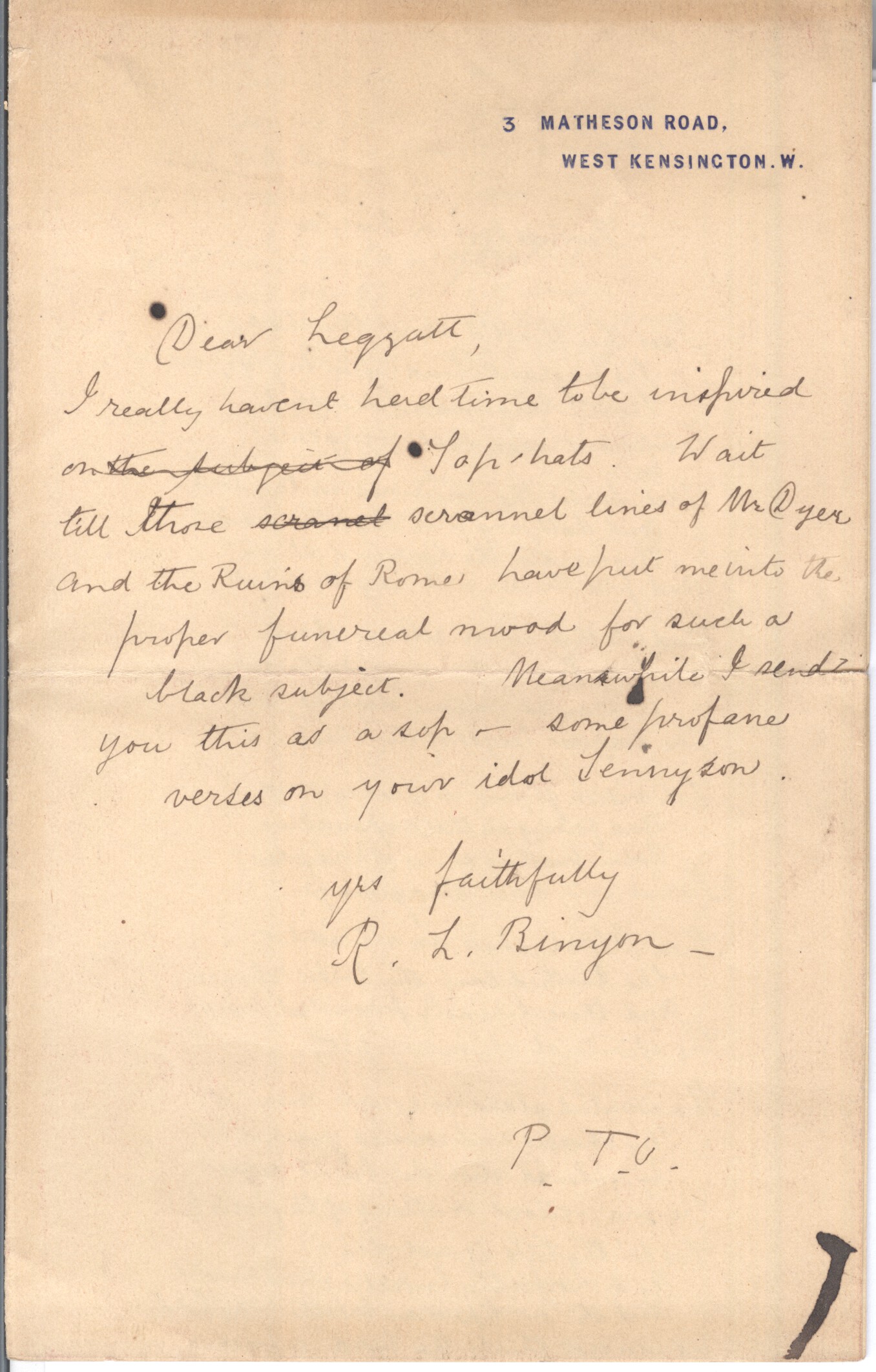 BINYON — Autograph Letter Signed to 'Dear Leggatt' | Sophie Dupré Autographs