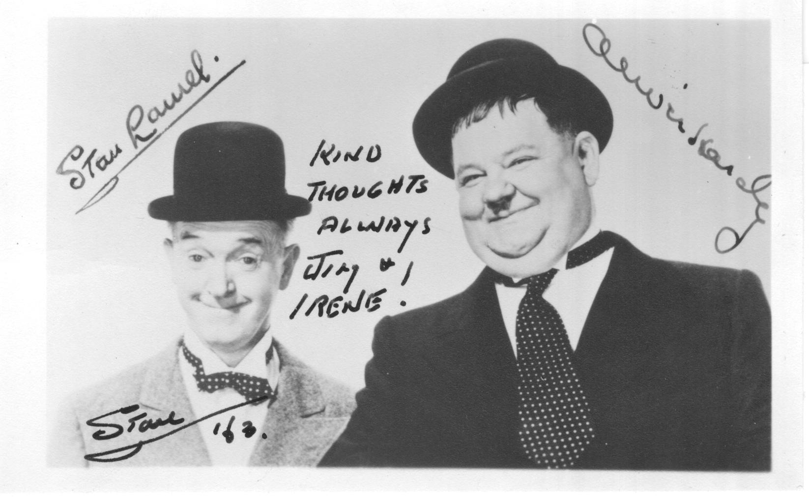 LAUREL — Vintage postcard photo signed and inscribed by Laurel with printed signatures of both him and Hardy, | Sophie Dupré Autographs