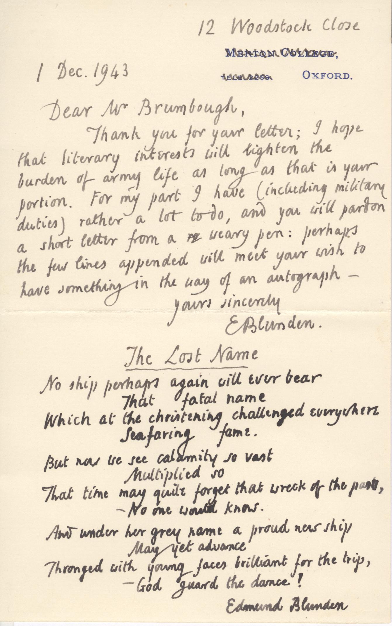 BLUNDEN — Exceptional Autograph Letter Signed to Mr Thomas Brumbough in America, | Sophie Dupré Autographs