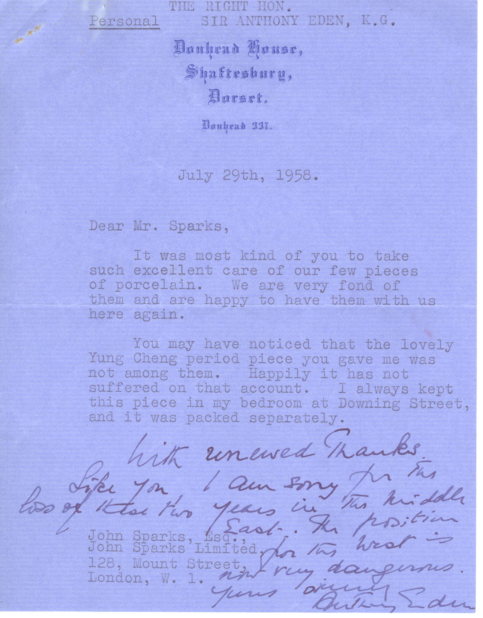 EDEN — Fine collection of one good Typed and Autograph letter from Eden and 2 Typed Letters signed from Clarissa to John Sparks, | Sophie Dupré Autographs