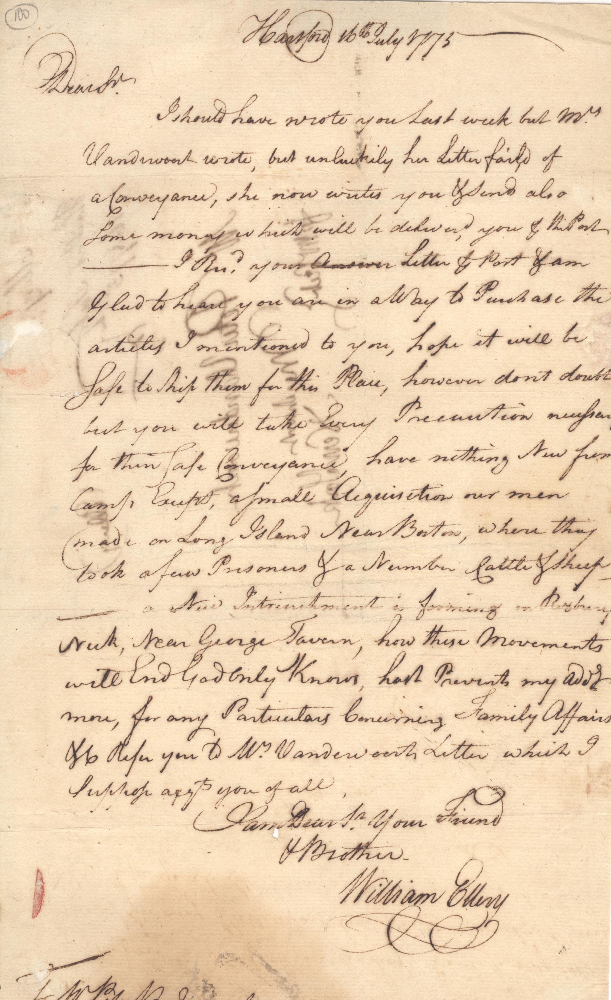 ELLERY — Fine Autograph Letter Signed to Peter Vandervoort, Merchant in New York, | Sophie Dupré Autographs