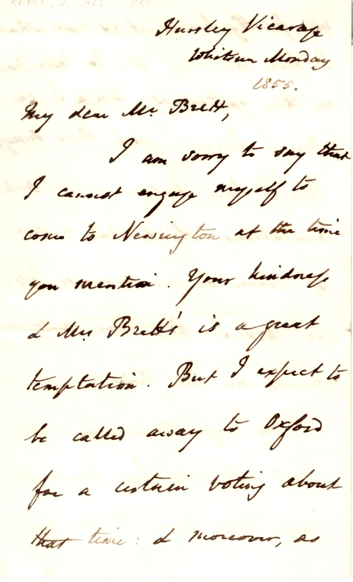 KEBLE — Fine Autograph Letter Signed to Mr Brett | Sophie Dupré Autographs
