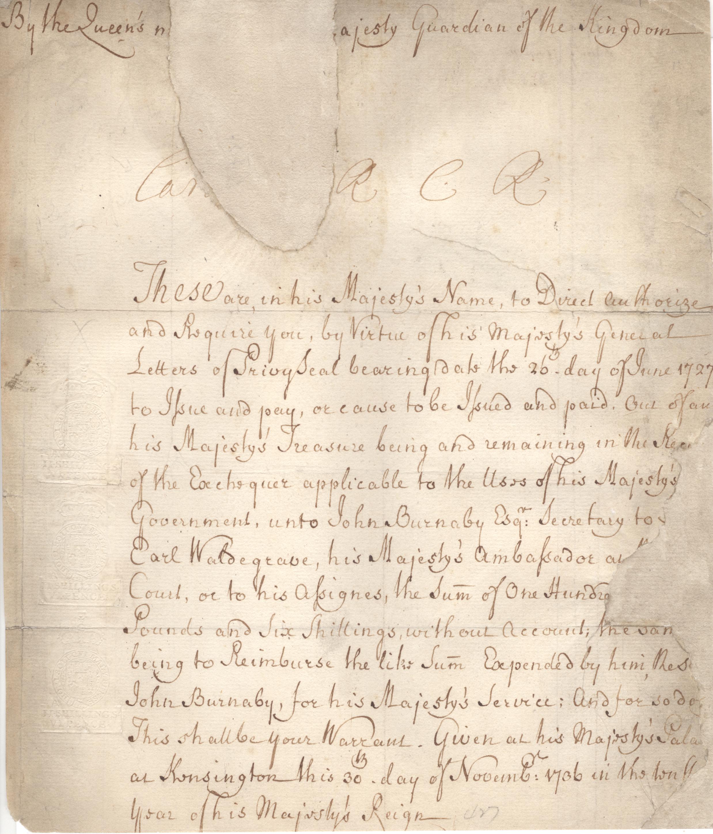 CAROLINE — Incomplete Document Signed with initials, | Sophie Dupré Autographs