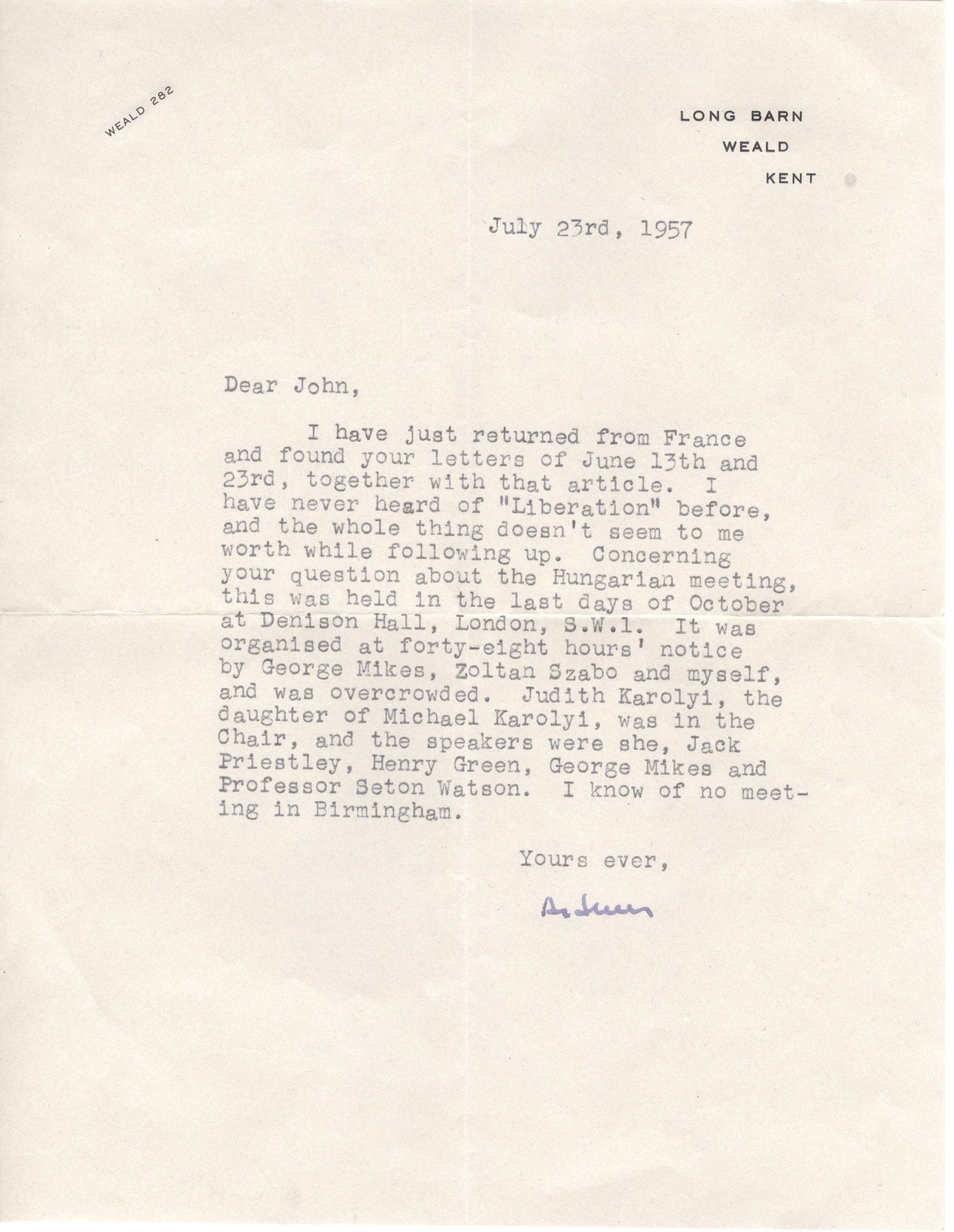 KOESTLER — Fine Typed Letter Signed 'Aldous' to 'Dear John' | Sophie Dupré Autographs