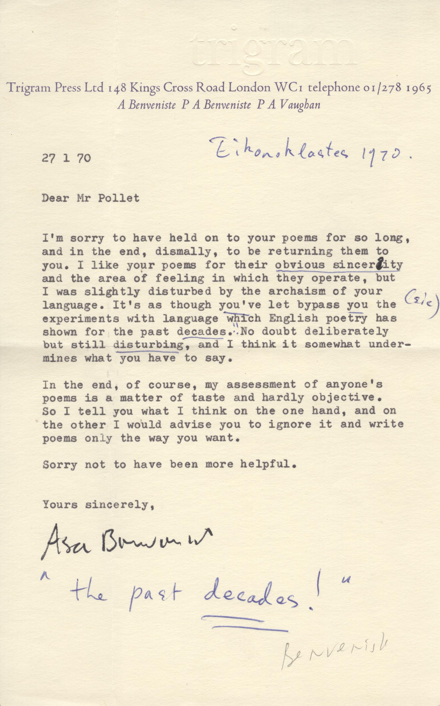 BENEVISTE — Typed Letter Signed to Mr Pollet, | Sophie Dupré Autographs