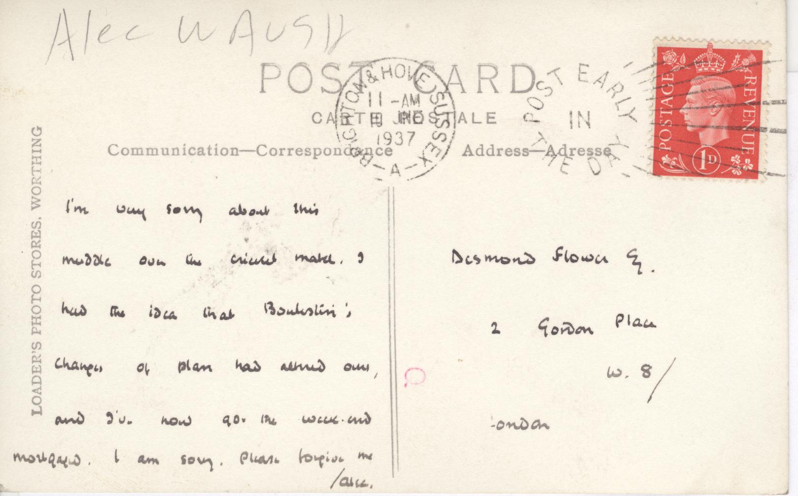 WAUGH — Autograph Postcard Signed 'Alec' to Desmond Flower, | Sophie Dupré Autographs