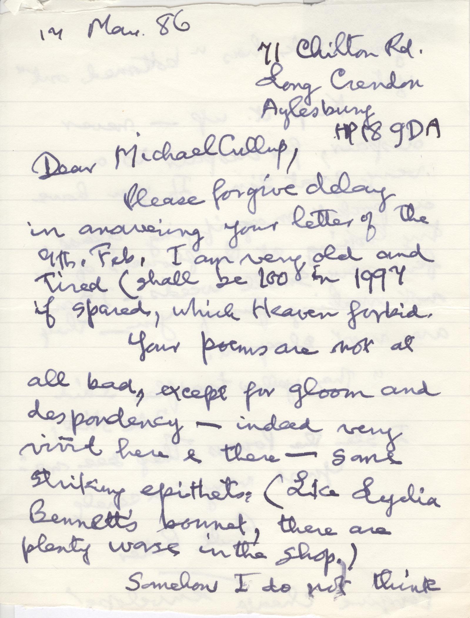 PITTER — Autograph Letter Signed to Michael CULLUP | Sophie Dupré Autographs