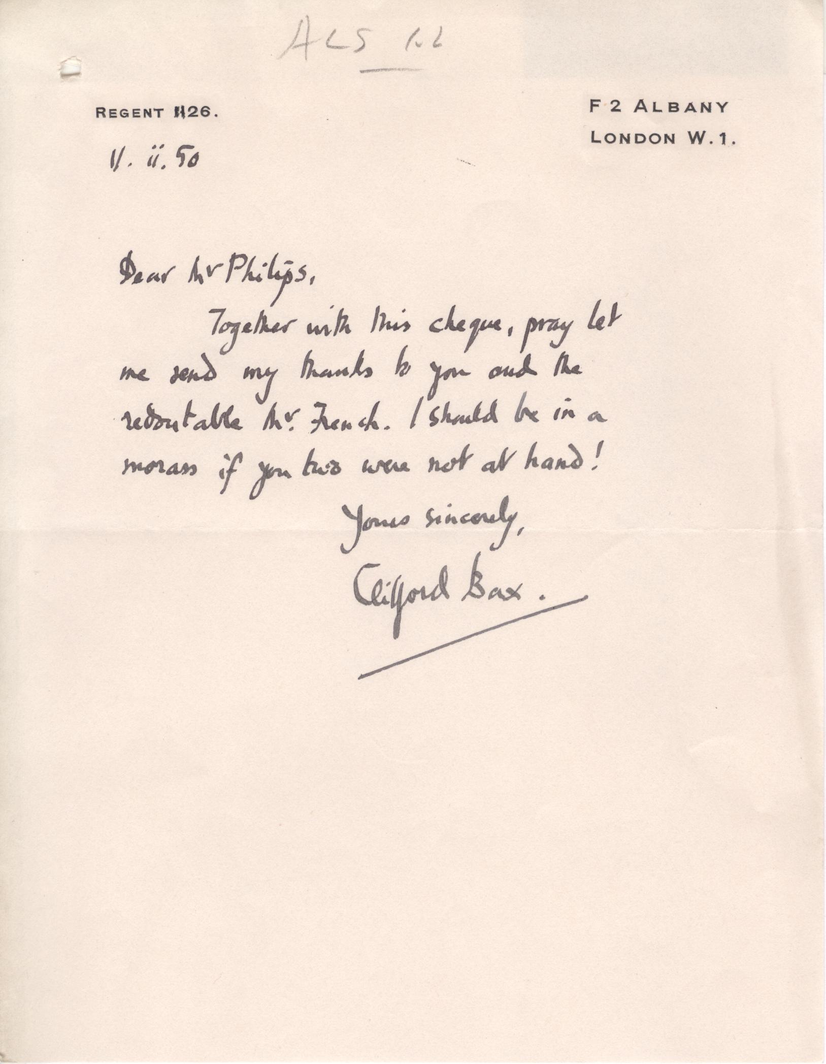 BAX — Autograph Letter Signed to 'Mr Philips', | Sophie Dupré Autographs