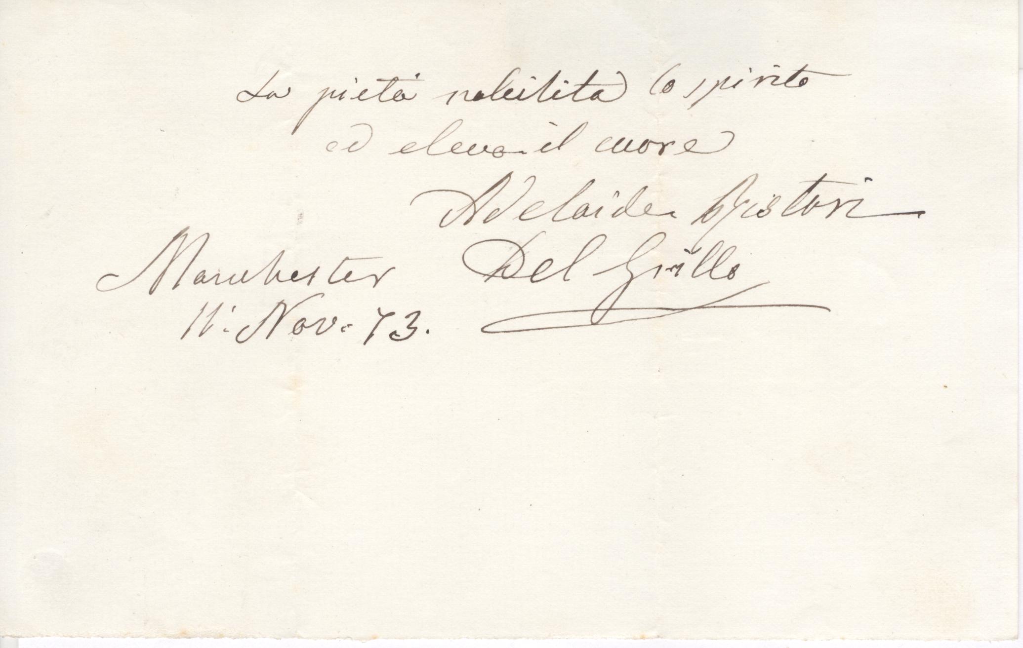 RISTORI — Autograph sentiment in Italian Signed in full Adelaide Ristori del Grillo | Sophie Dupré Autographs
