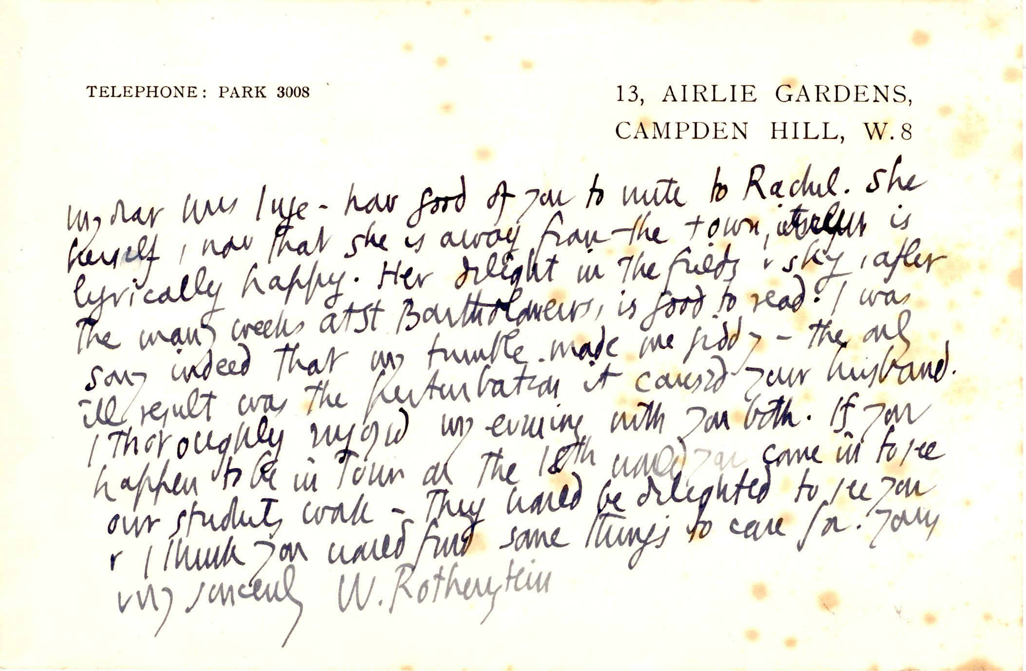 ROTHENSTEIN — Autograph Letter Signed to Mrs Inge | Sophie Dupré Autographs