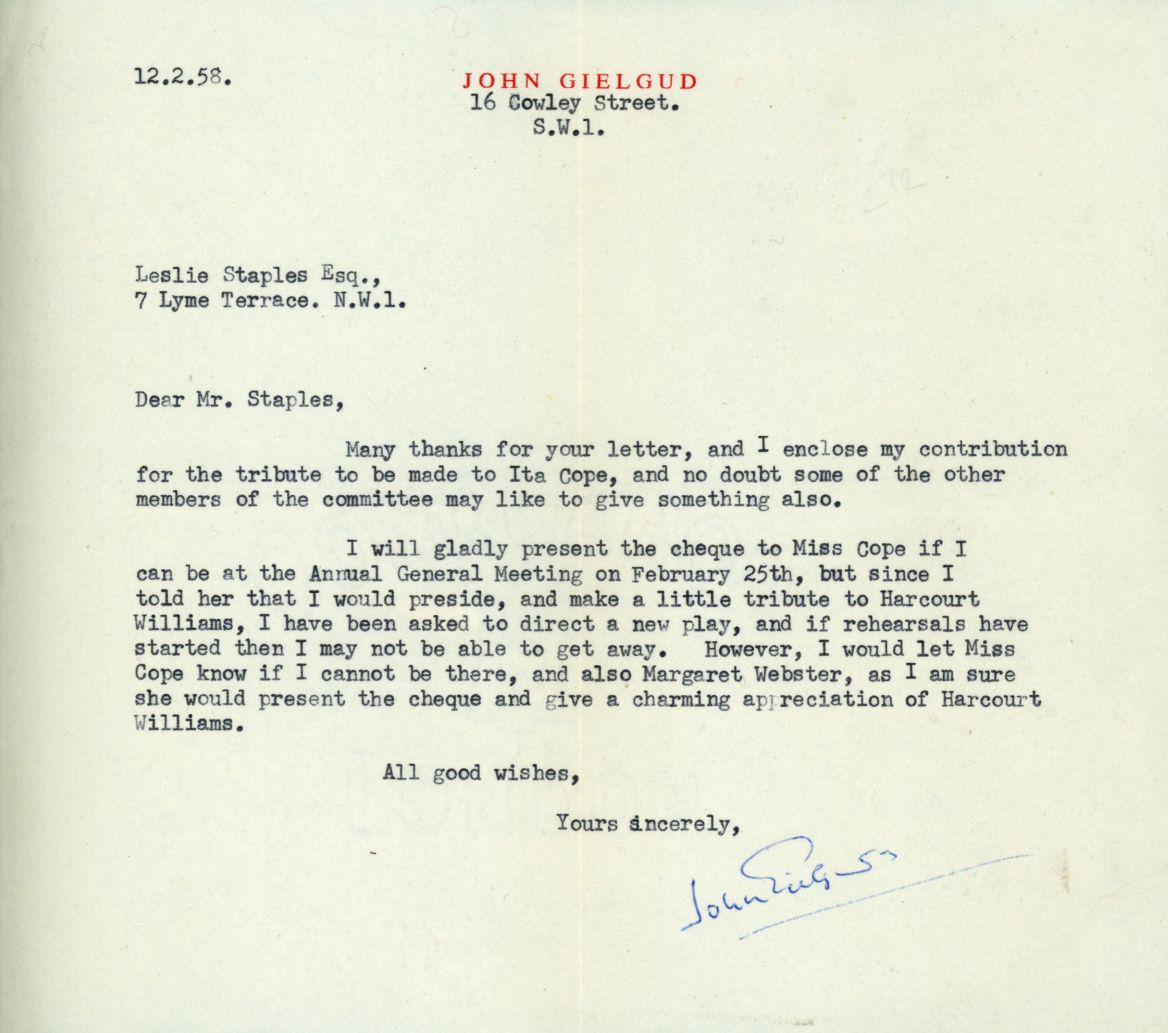 GIELGUD — Typed Letter Signed to Mr Staples, | Sophie Dupré Autographs