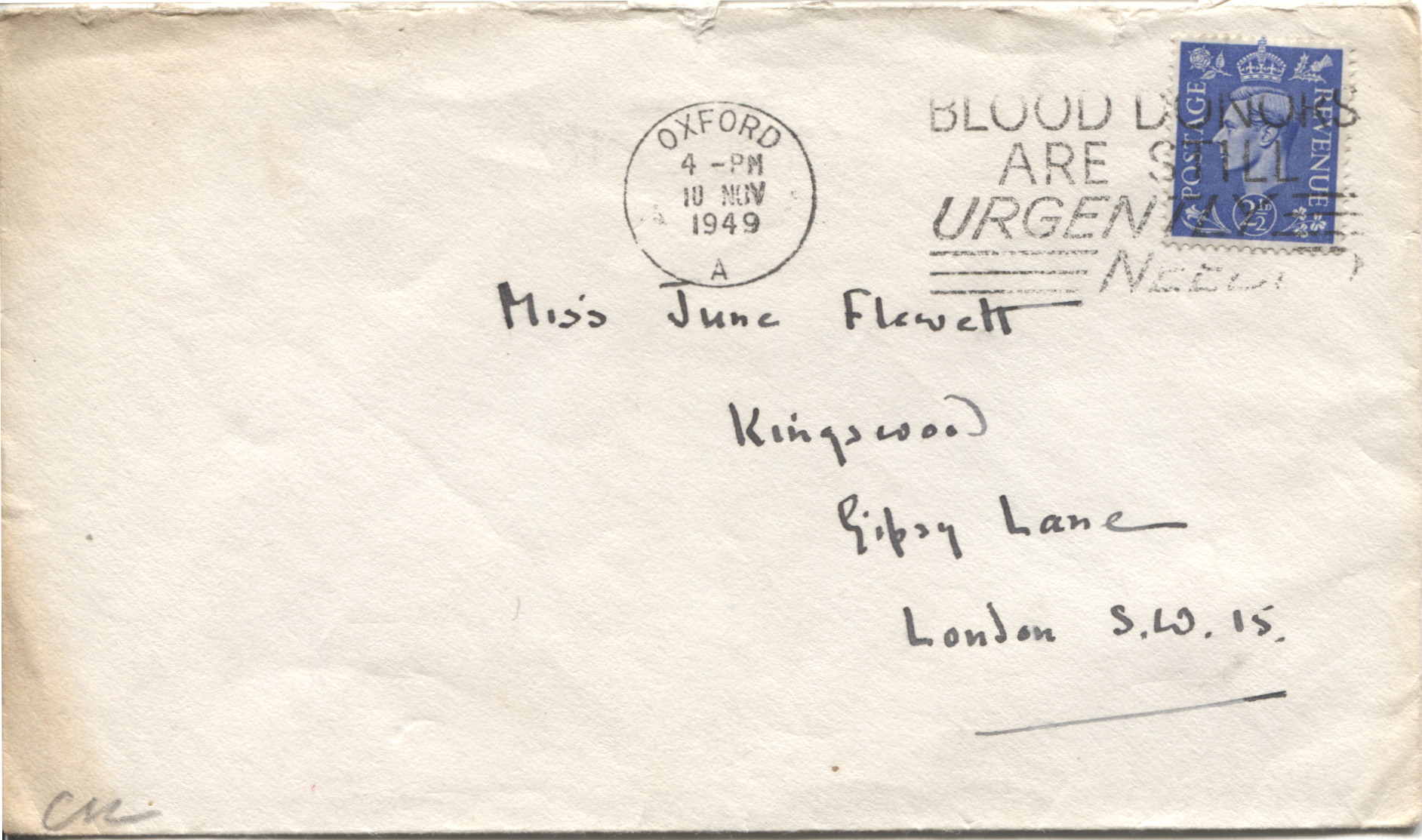LEWIS — Autograph envelope addressed to Miss June Flewett and signed with initials | Sophie Dupré Autographs