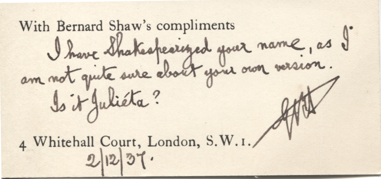 SHAW — Autograph Note Signed with initials on his Compliments slip to an unnamed correspondent, | Sophie Dupré Autographs
