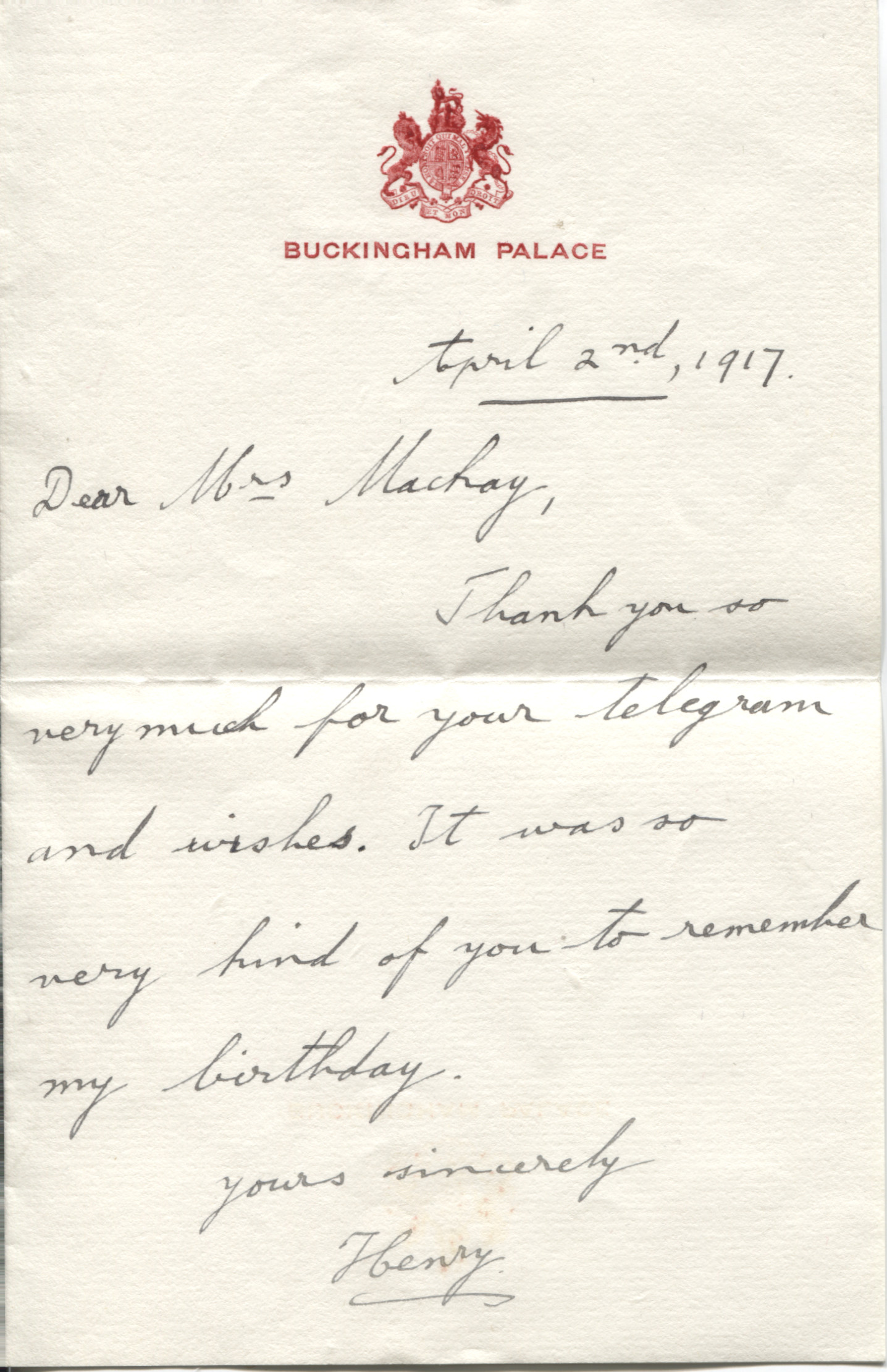 HENRY — Early Autograph Letter Signed 'Henry' to Mrs Mackay, | Sophie Dupré Autographs