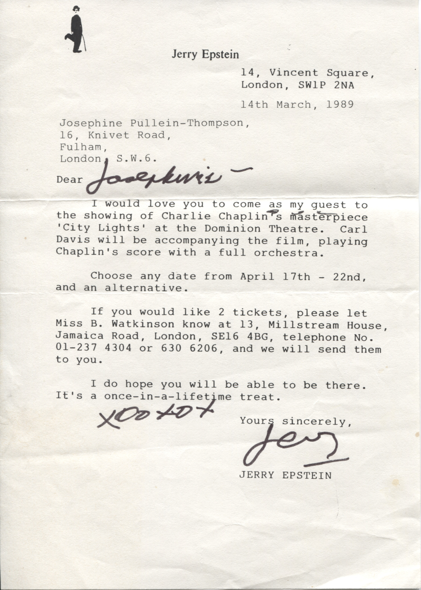 EPSTEIN — Typed Letter Signed to Josephine PULLEIN-THOMPSON | Sophie Dupré Autographs
