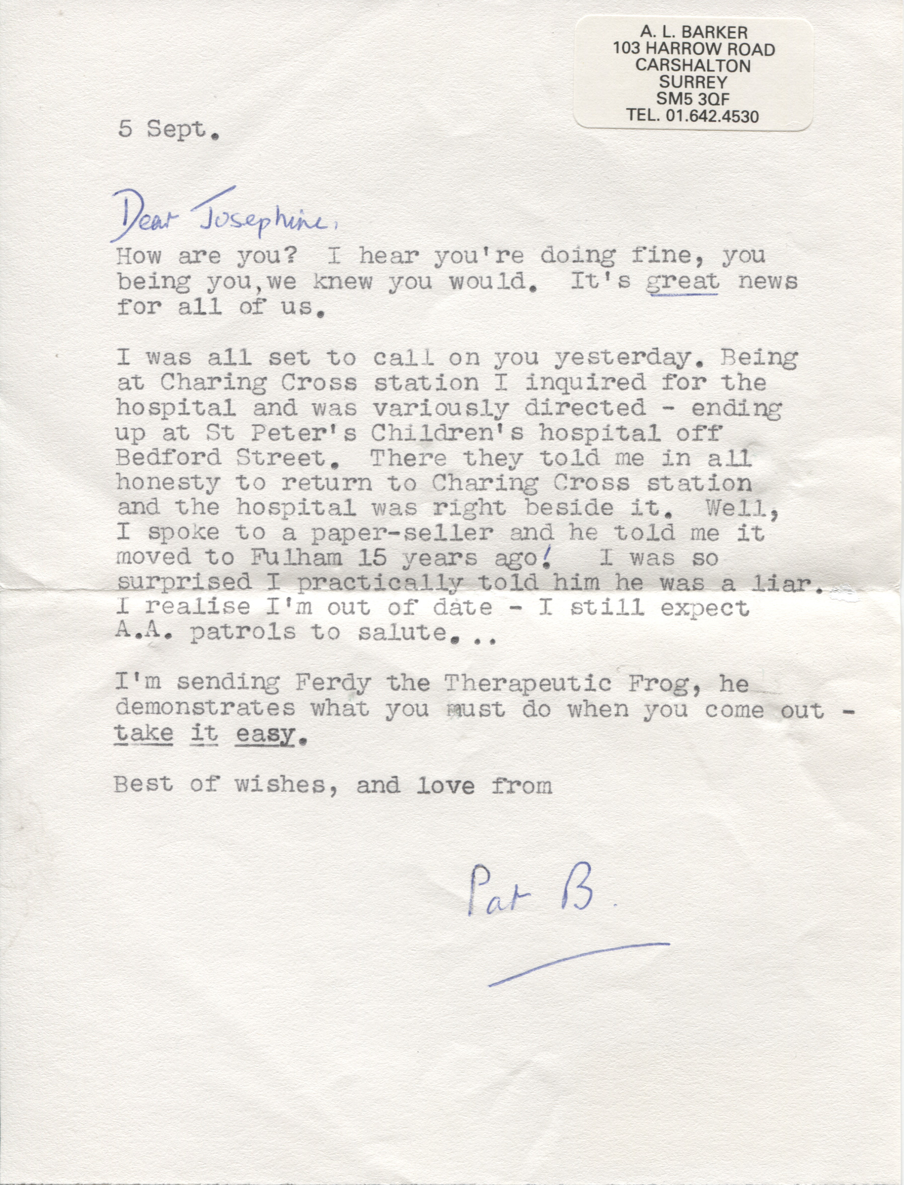 BARKER — Typed Letter Signed 'Pat B' to Josephine PULLEIN-THOMPSON | Sophie Dupré Autographs