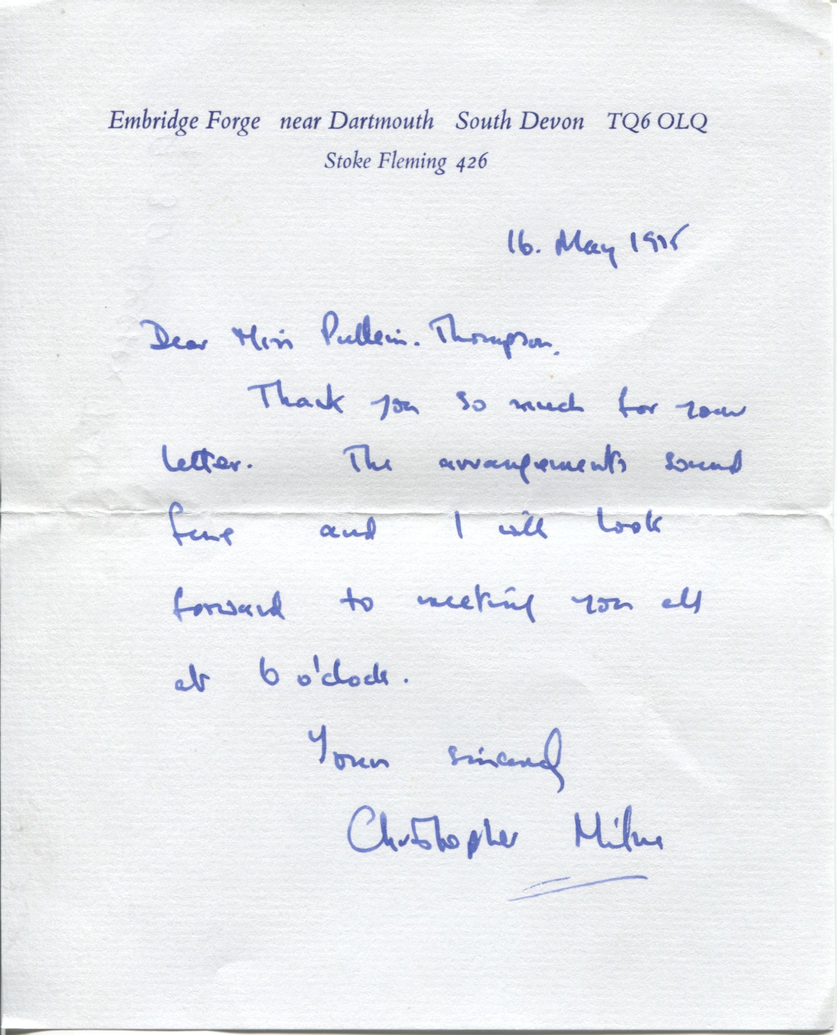 MILNE — Autograph Letter Signed to Josephine PULLEIN-THOMPSON | Sophie Dupré Autographs