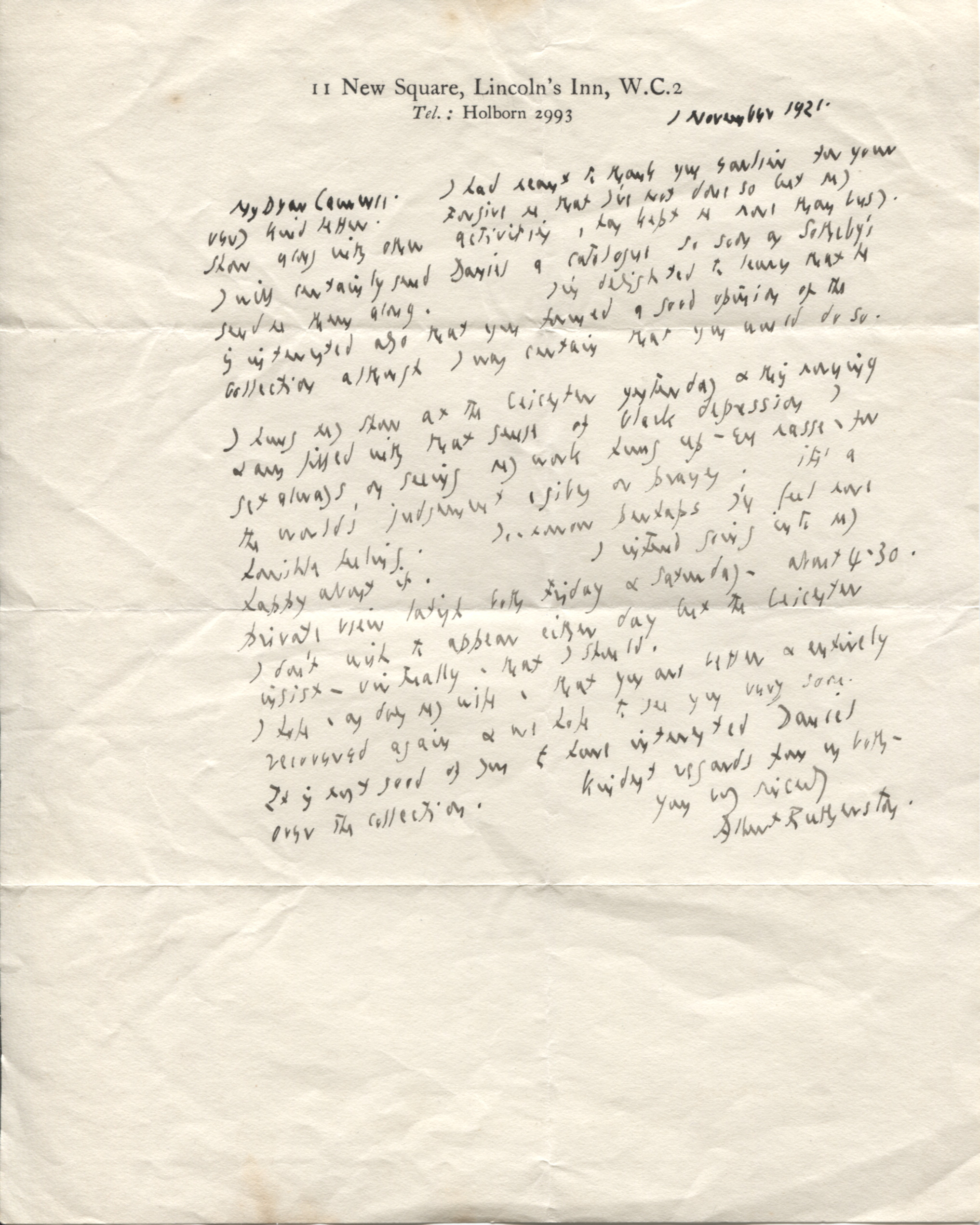 RUTHERSTON — Autograph Letter Signed to Dear Couverie | Sophie Dupré Autographs