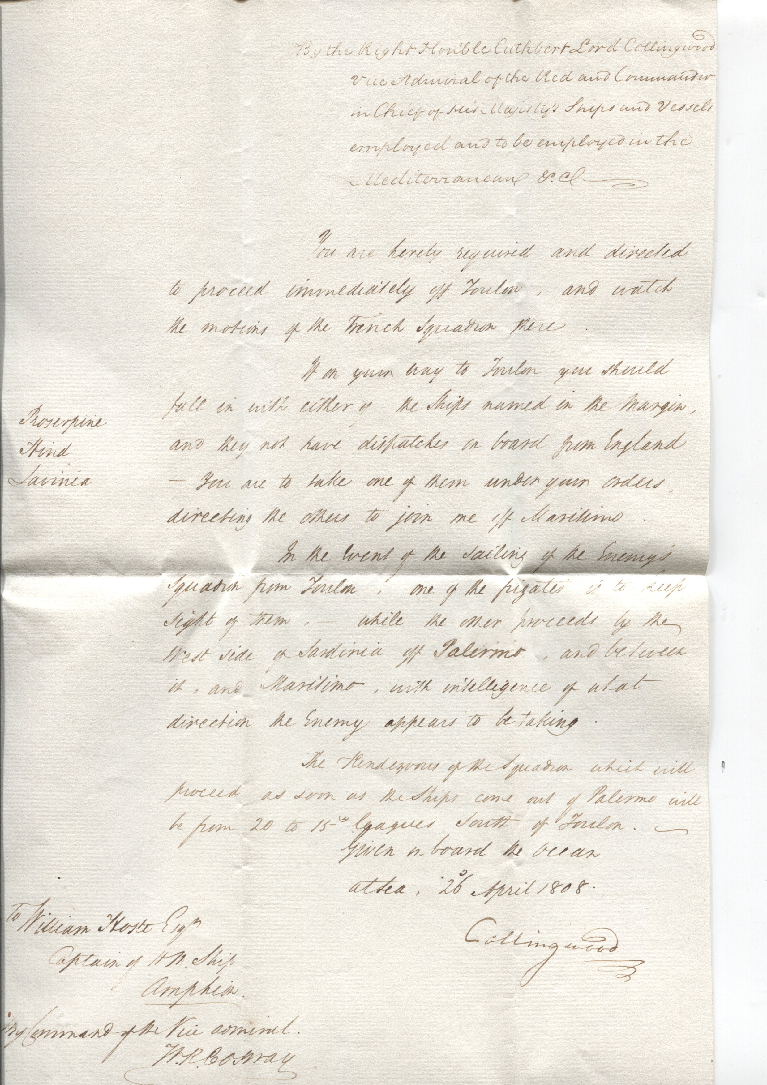 COLLINGWOOD — Document Signed to Captain Sir William HOSTE | Sophie Dupré Autographs