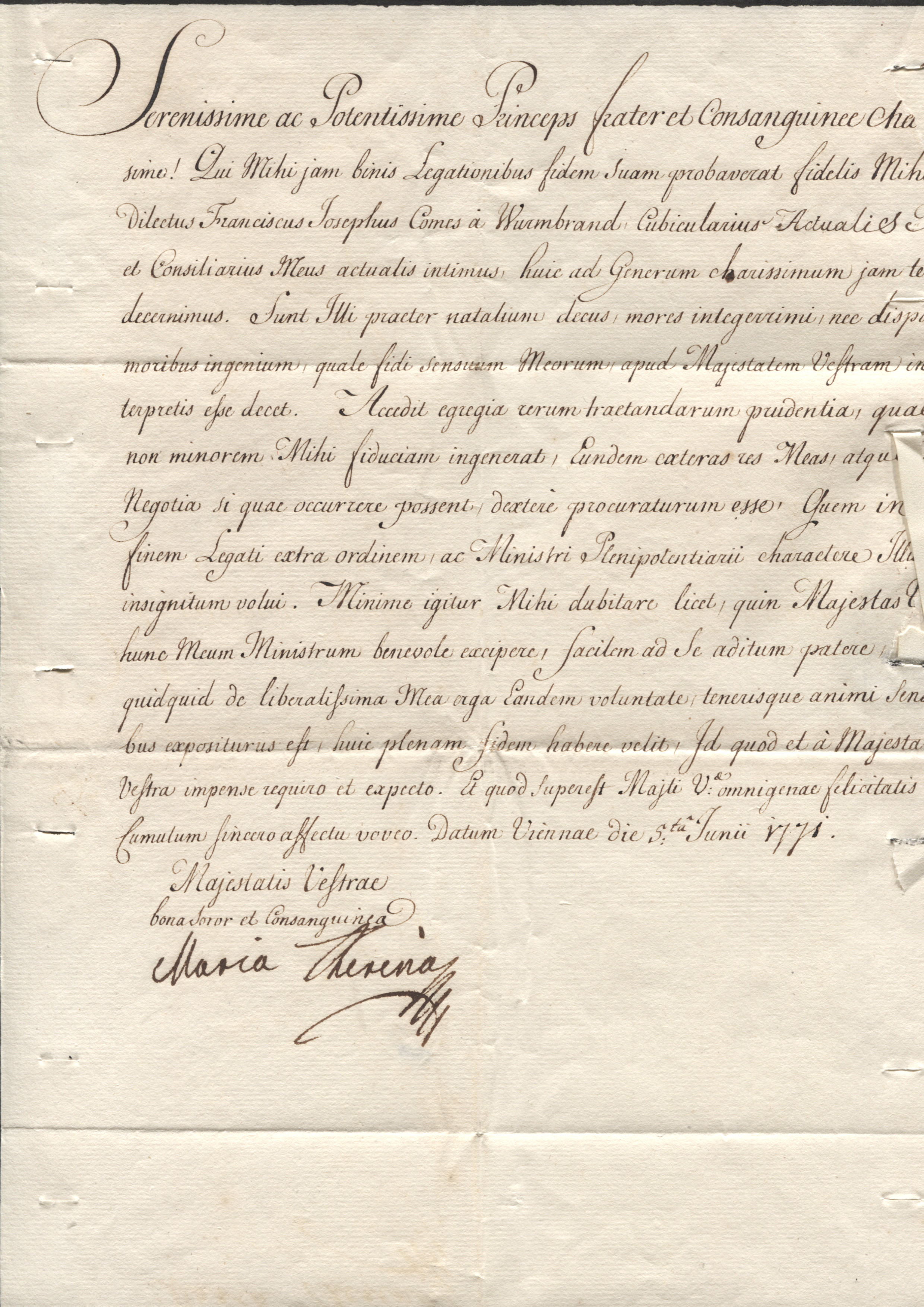 MARIA THERESIA — Finely penned Document signed 'Maria Theresia', in Latin with transcription and translation, to his Most Serene and Most Powerful Majesty, Ferdinand, King of the Two Sicilies | Sophie Dupré Autographs