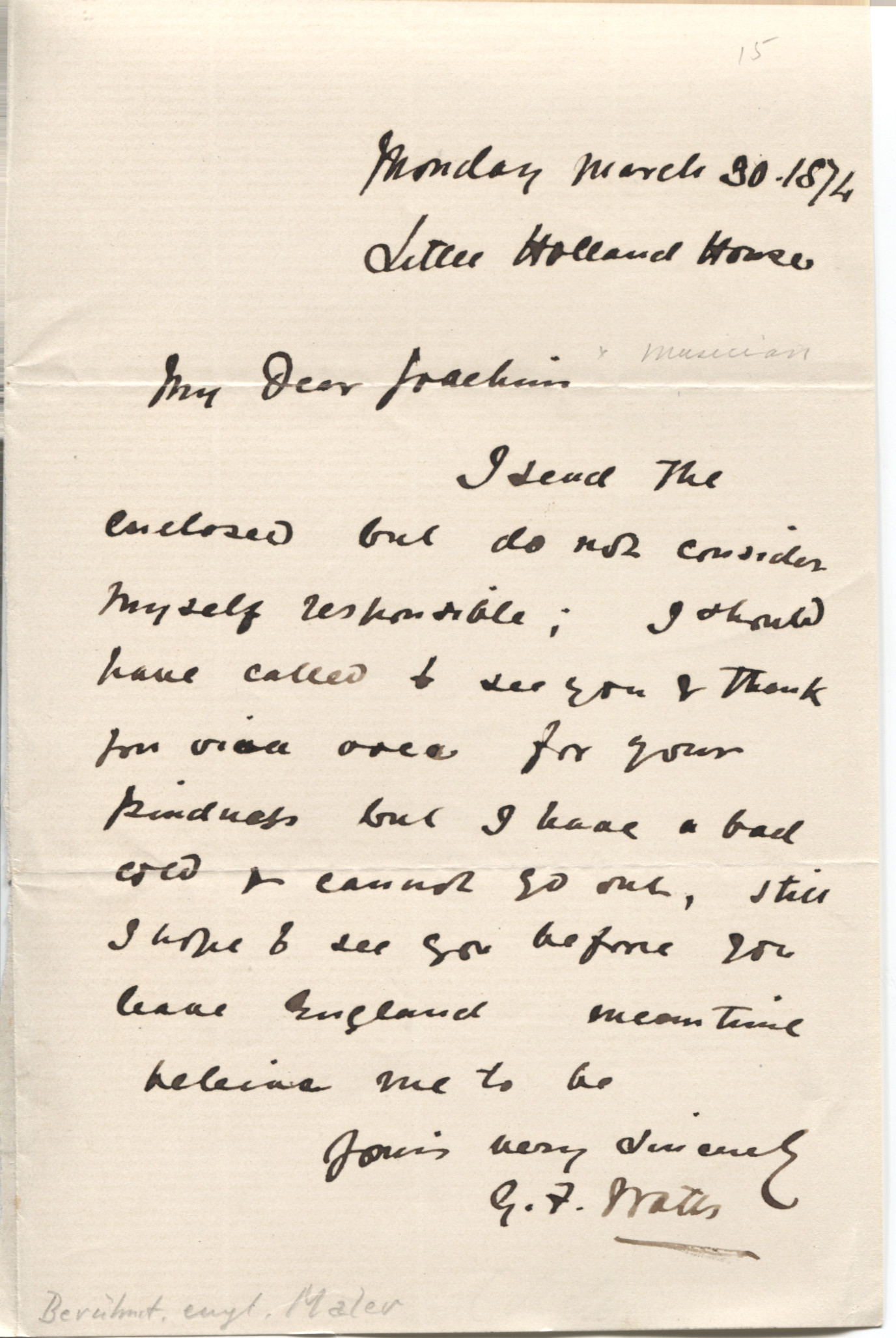 WATTS — Autograph Letter Signed to My dear Joachim | Sophie Dupré Autographs