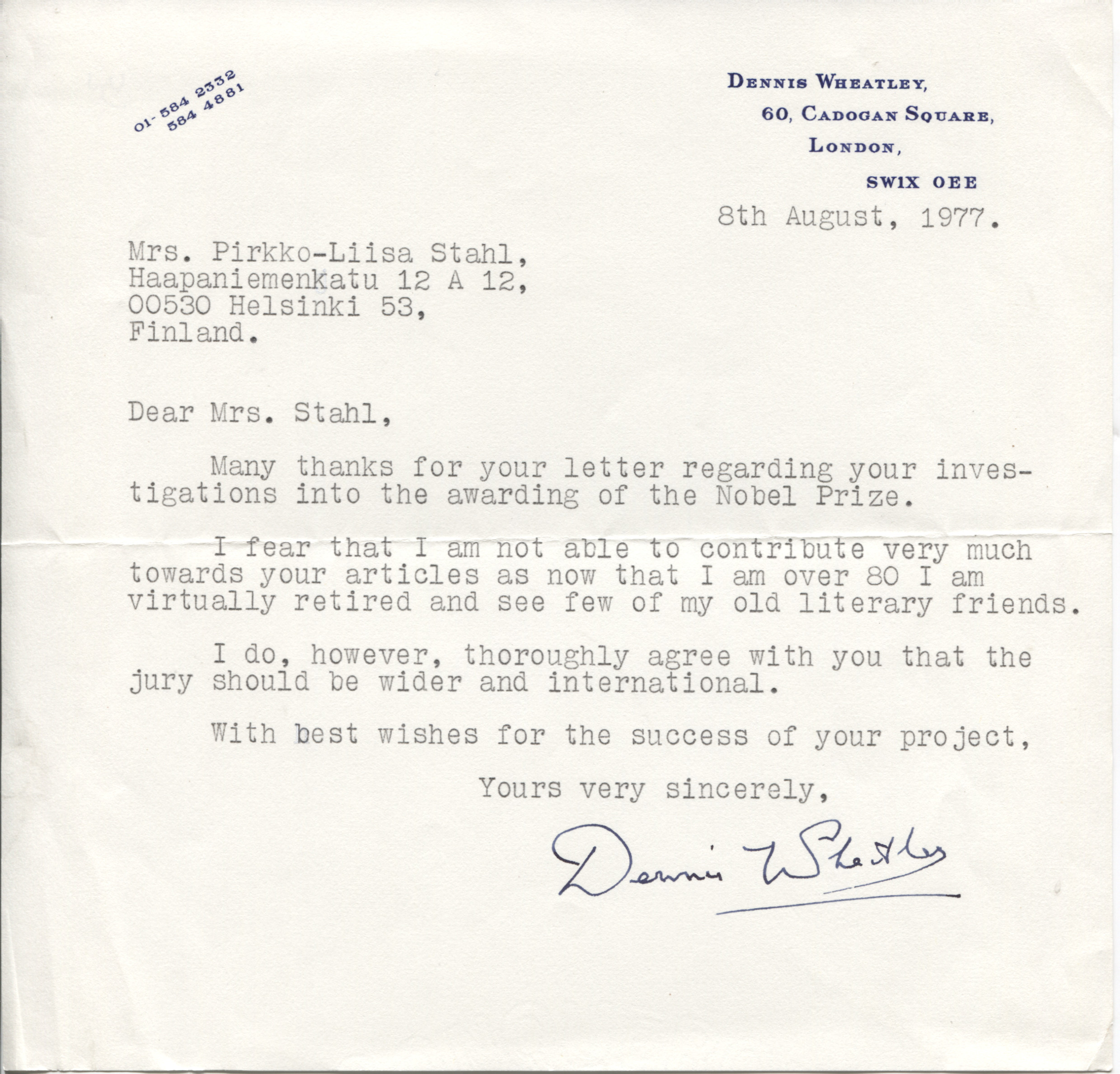 WHEATLEY — Fine Typed Letter Signed in full to Mrs Pirkko-Liisa Stahl in Finland | Sophie Dupré Autographs