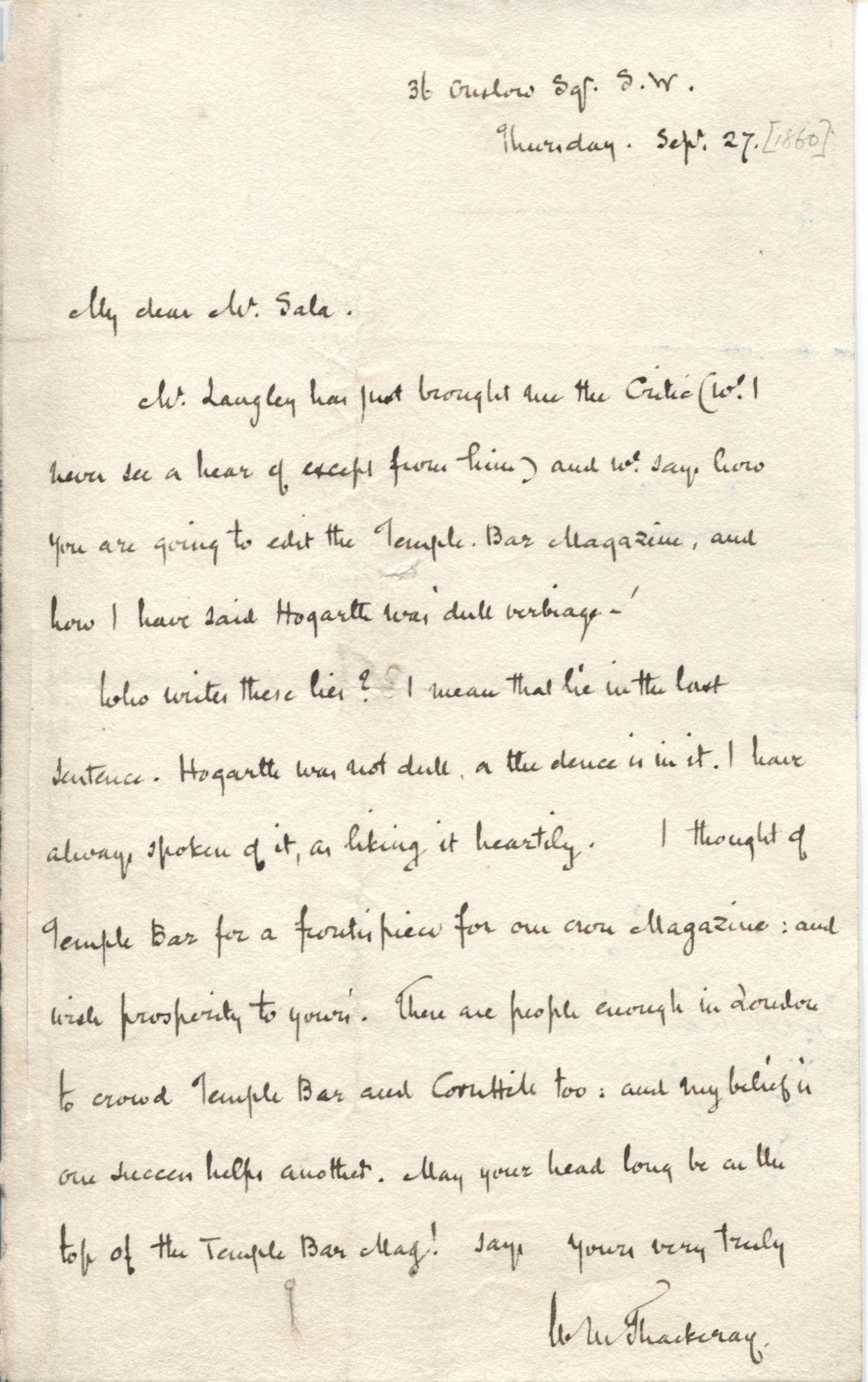 THACKERAY — Fine Pair of Autograph Letters Signed in his upright hand to  George Augustus SALA | Sophie Dupré Autographs