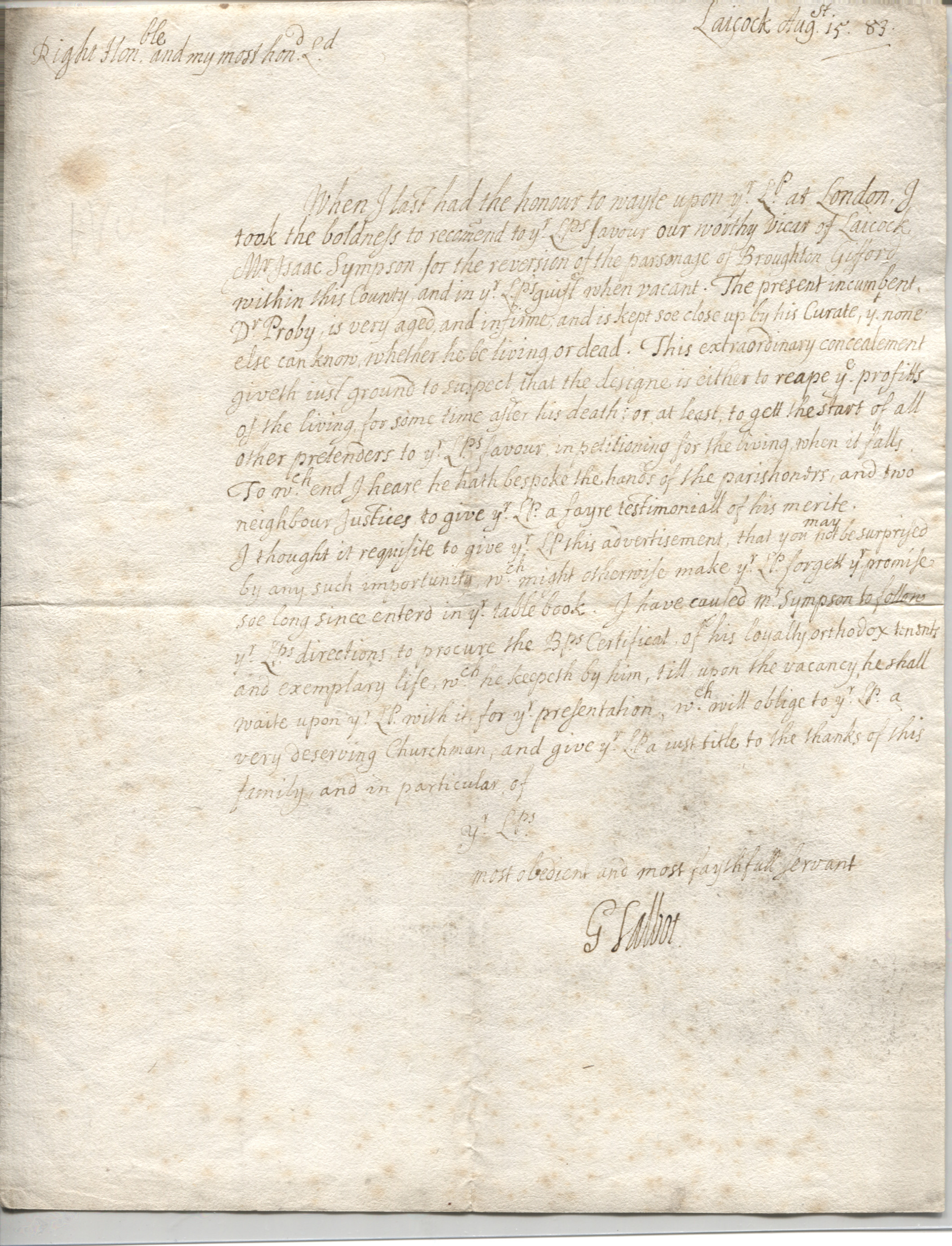 TALBOT — Fine Letter signed recommending the vicar of Lacock for the parsonage of Broughton Gifford | Sophie Dupré Autographs