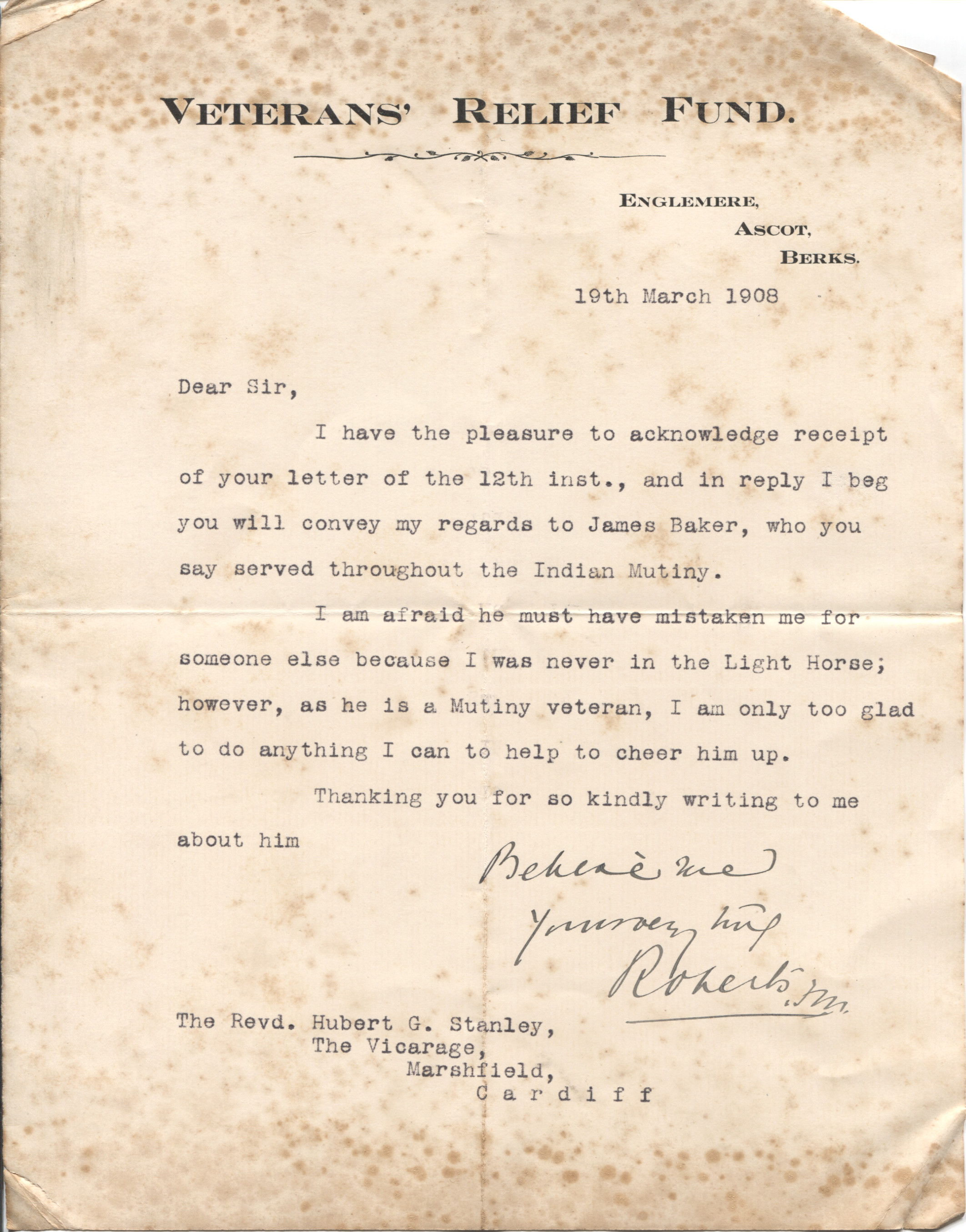 ROBERTS — Typed Letter Signed with autograph Salutation and Subscription to the Revd. Hubert G. Stanley | Sophie Dupré Autographs