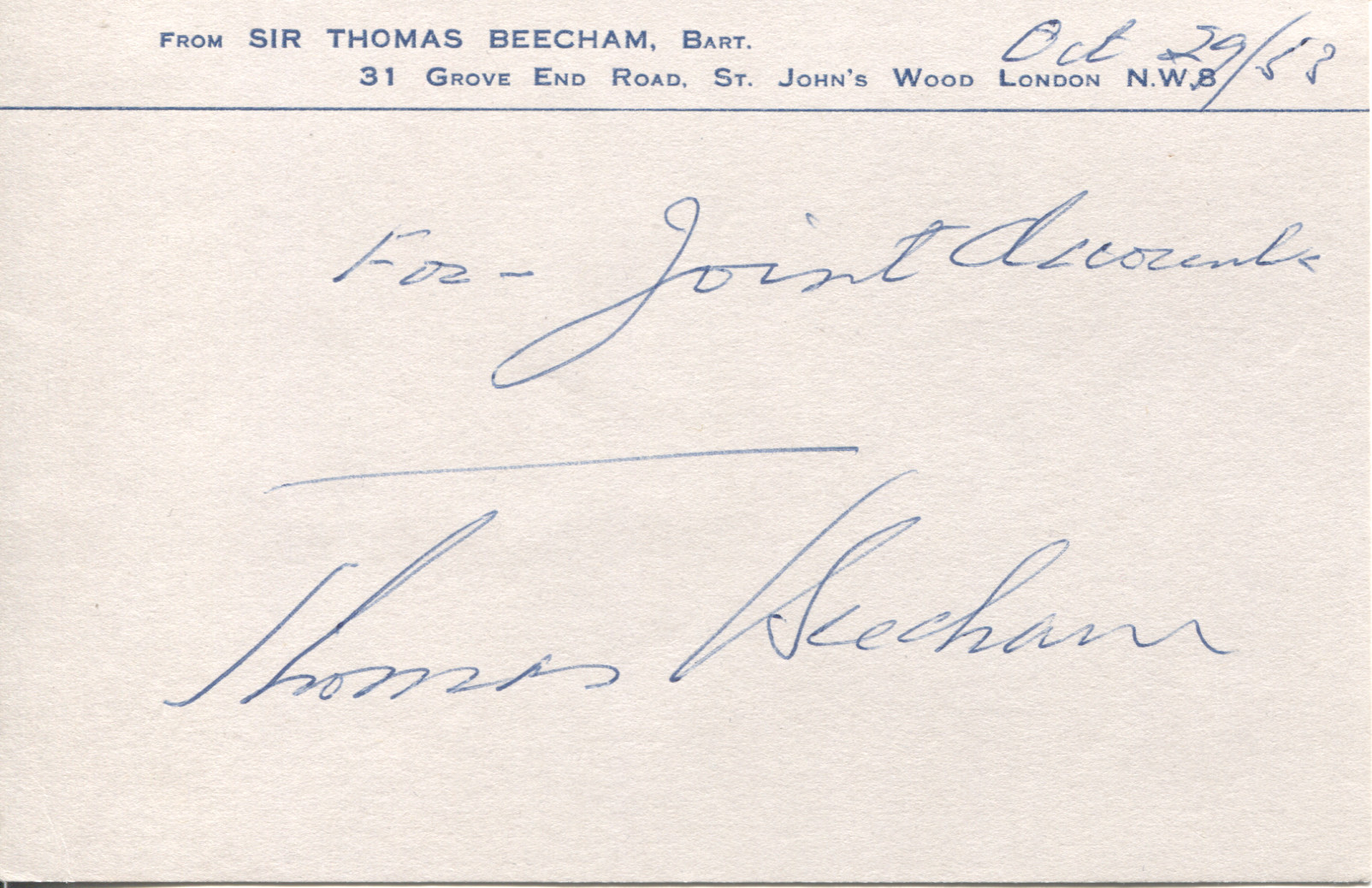 BEECHAM — Brief typed note signed to an unnamed correspondent, | Sophie Dupré Autographs