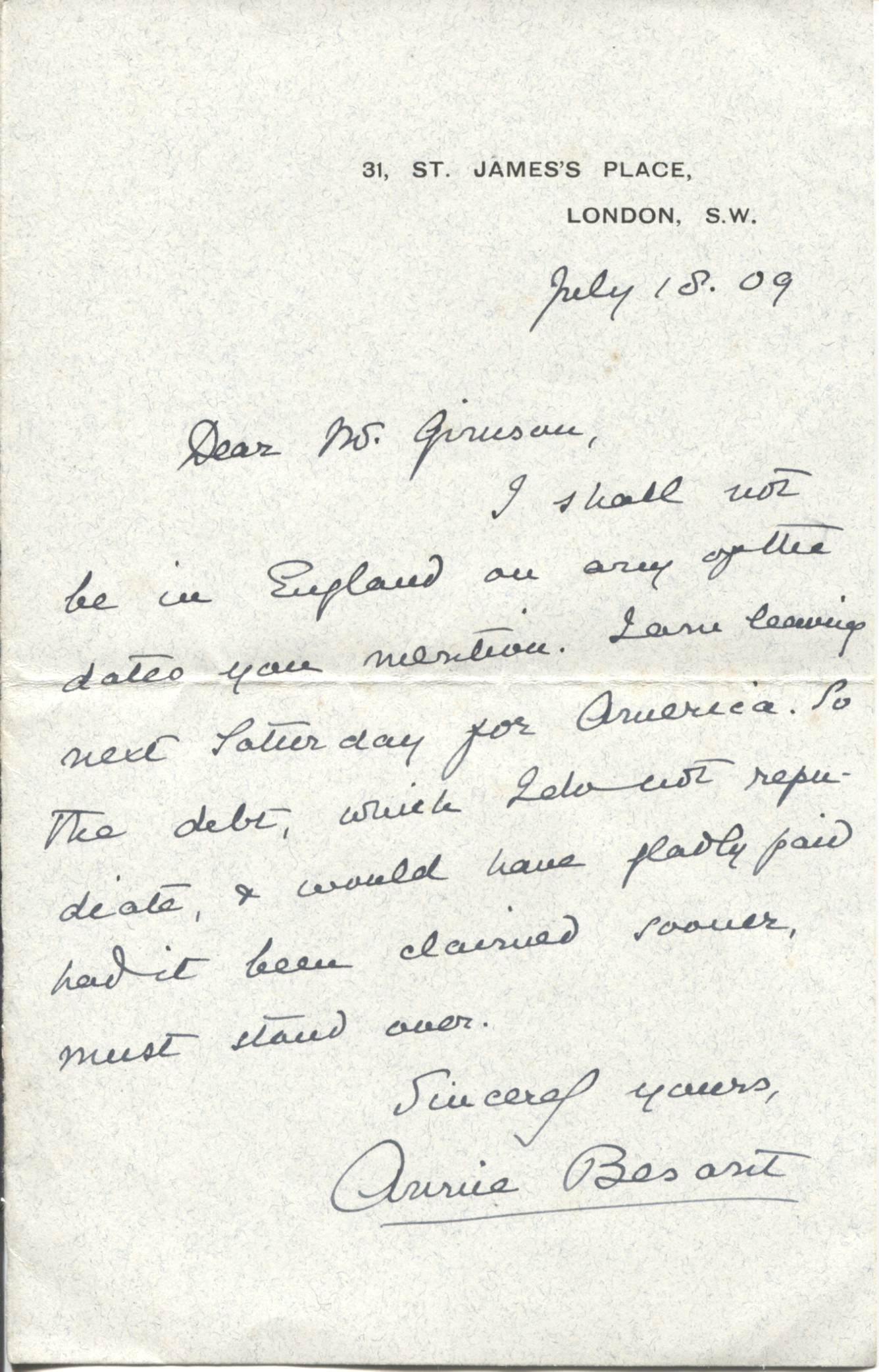 BESANT — Fine Autograph Letter Signed to Mr GIMSON | Sophie Dupré Autographs