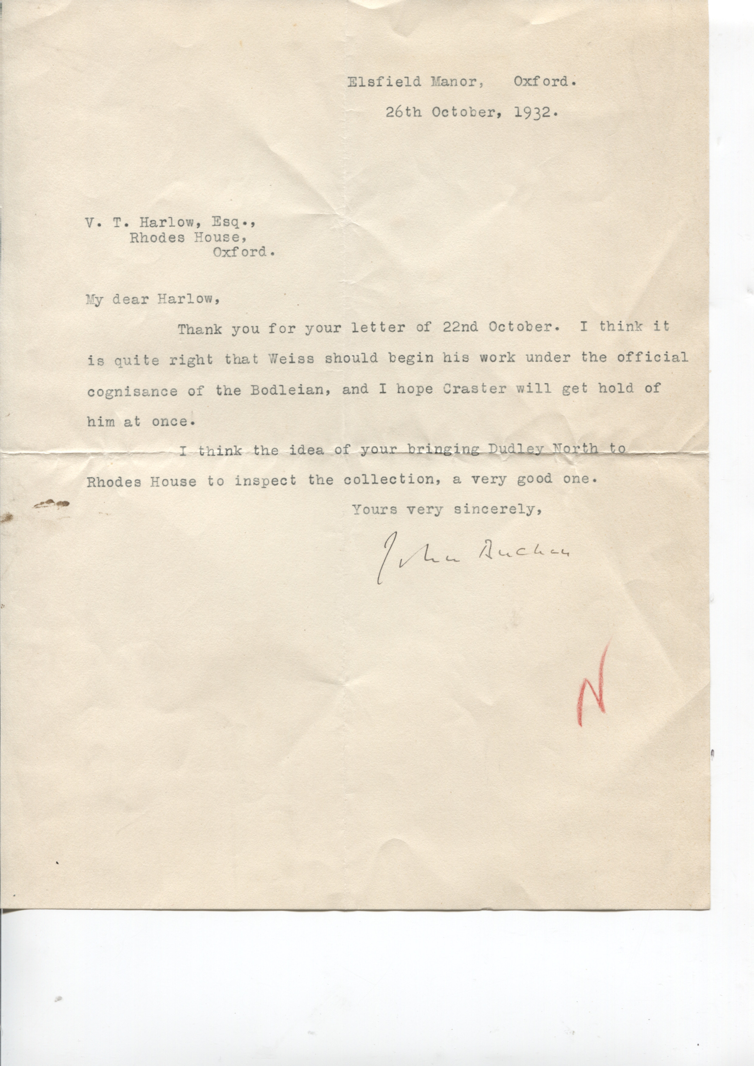 BUCHAN — Typed Letter Signed John Buchan to V. T. Harlow | Sophie Dupré Autographs